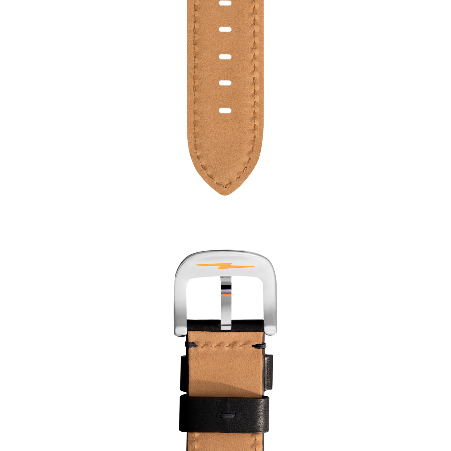 Close-up of the Shinola 20mm Black Leather Watch Strap in black, hand sewn with a silver buckle featuring a subtle lightning bolt design, shown separated on a plain white background.