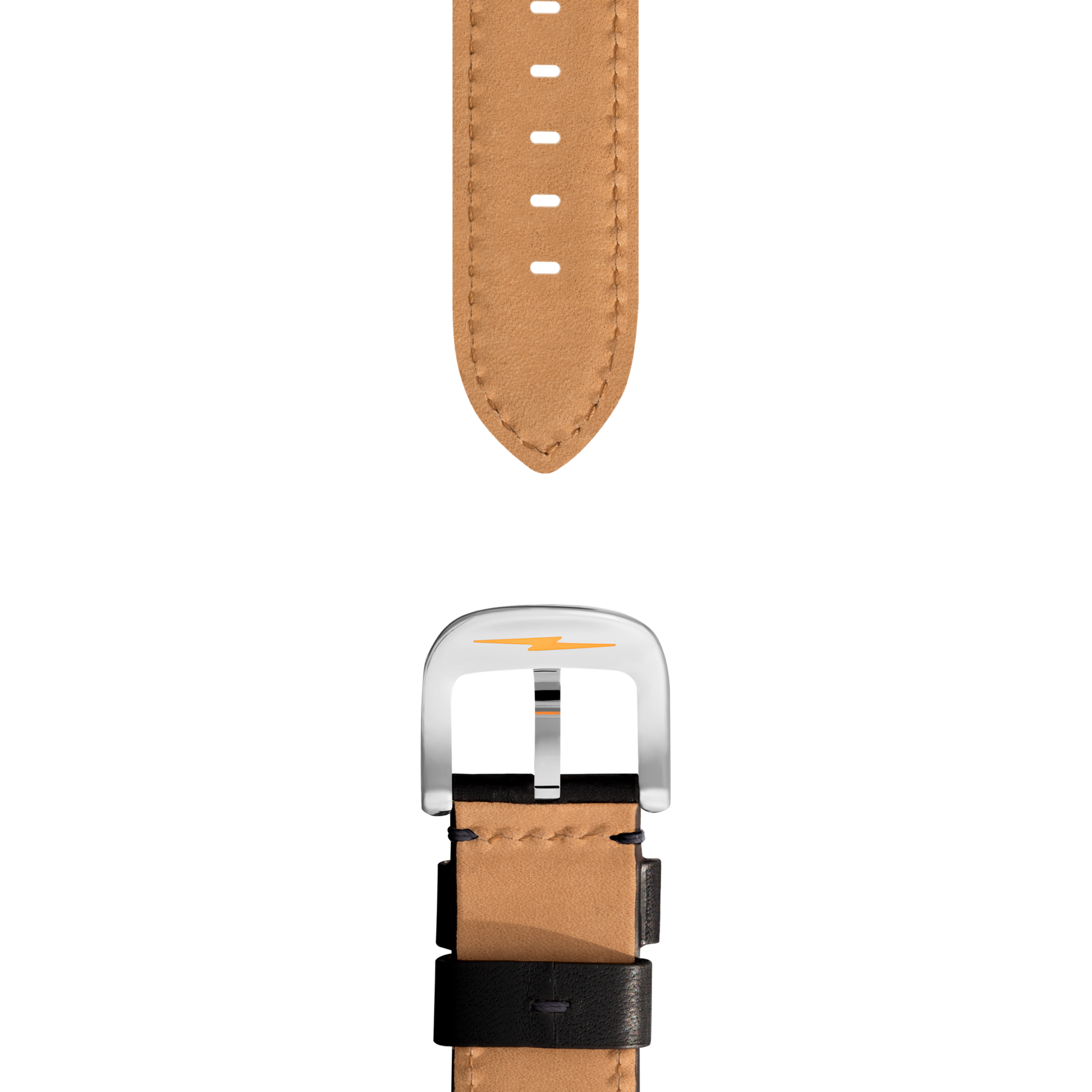 Shinola 18mm Black Leather Strap with silver buckle, viewed from above on a white background. Features multiple adjustment holes and black accents near the buckle.