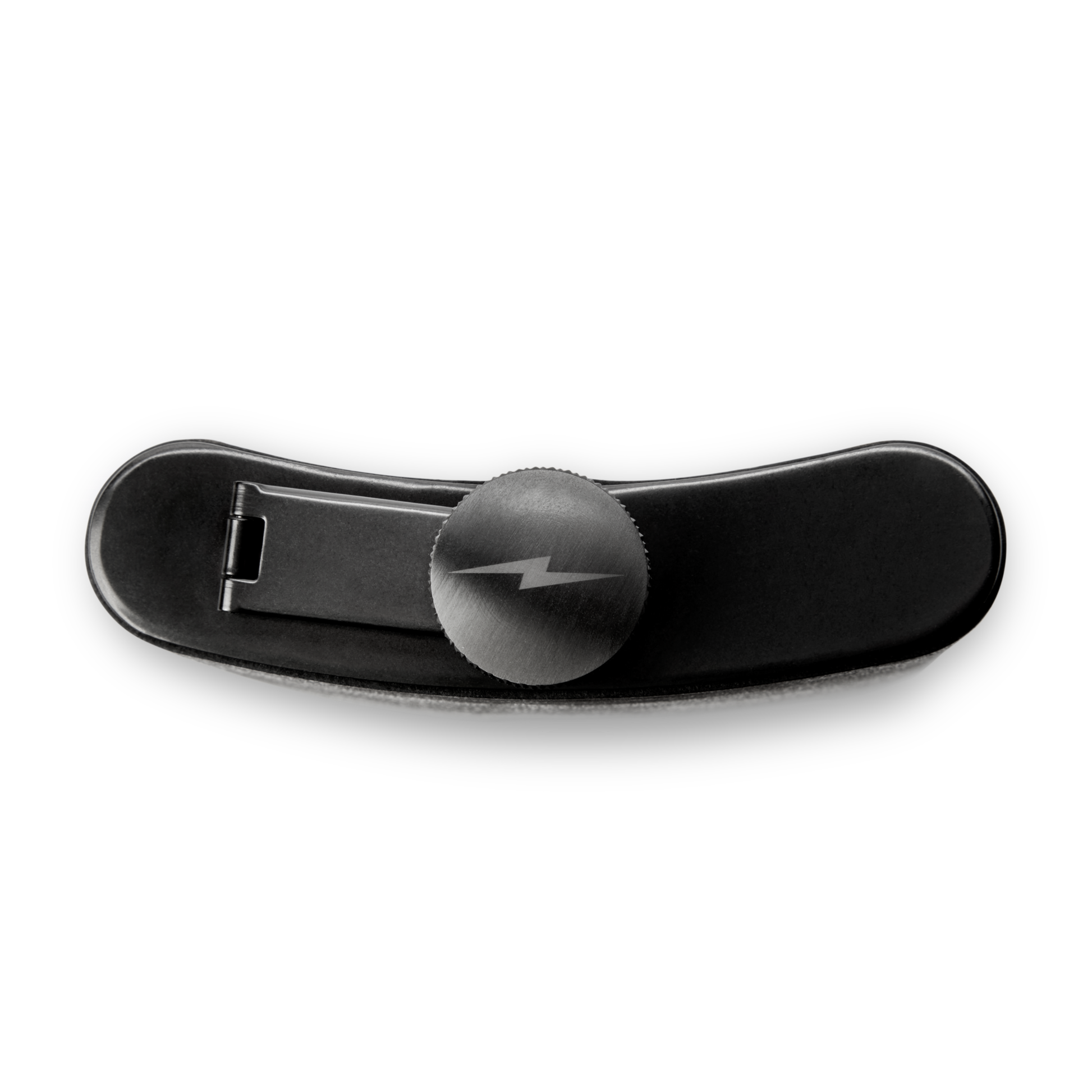 A black Leather Wrapped Flask by Shinola is displayed on a white background, featuring a round, textured metal cap engraved with a lightning bolt, evoking the bold style found in Grizzly leather accessories.