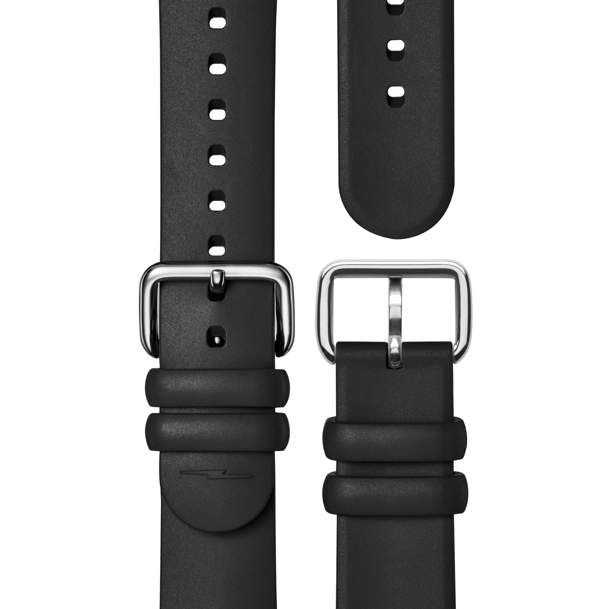A close-up of the shinola 20mm Rubber Strap - Black Dash Loop with a matte black finish, multiple adjustment holes, and a silver-tone buckle, displayed from both sides against a plain white background.