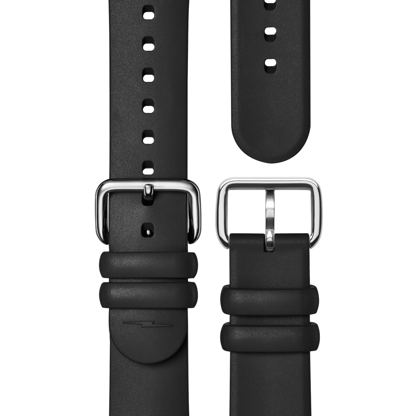 Two black silicone watch straps for the Shinola Detrola Watch are displayed with silver buckles and multiple sizing holes, showcasing classic American design on a white background.