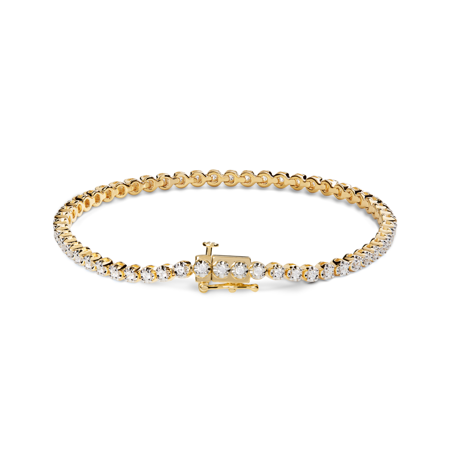 The Shinola 1 Carat 7" Diamond Tennis Bracelet in Yellow Gold features a row of round brilliant diamonds set in a sleek line, secured with a sturdy clasp, and showcased against a plain white background.