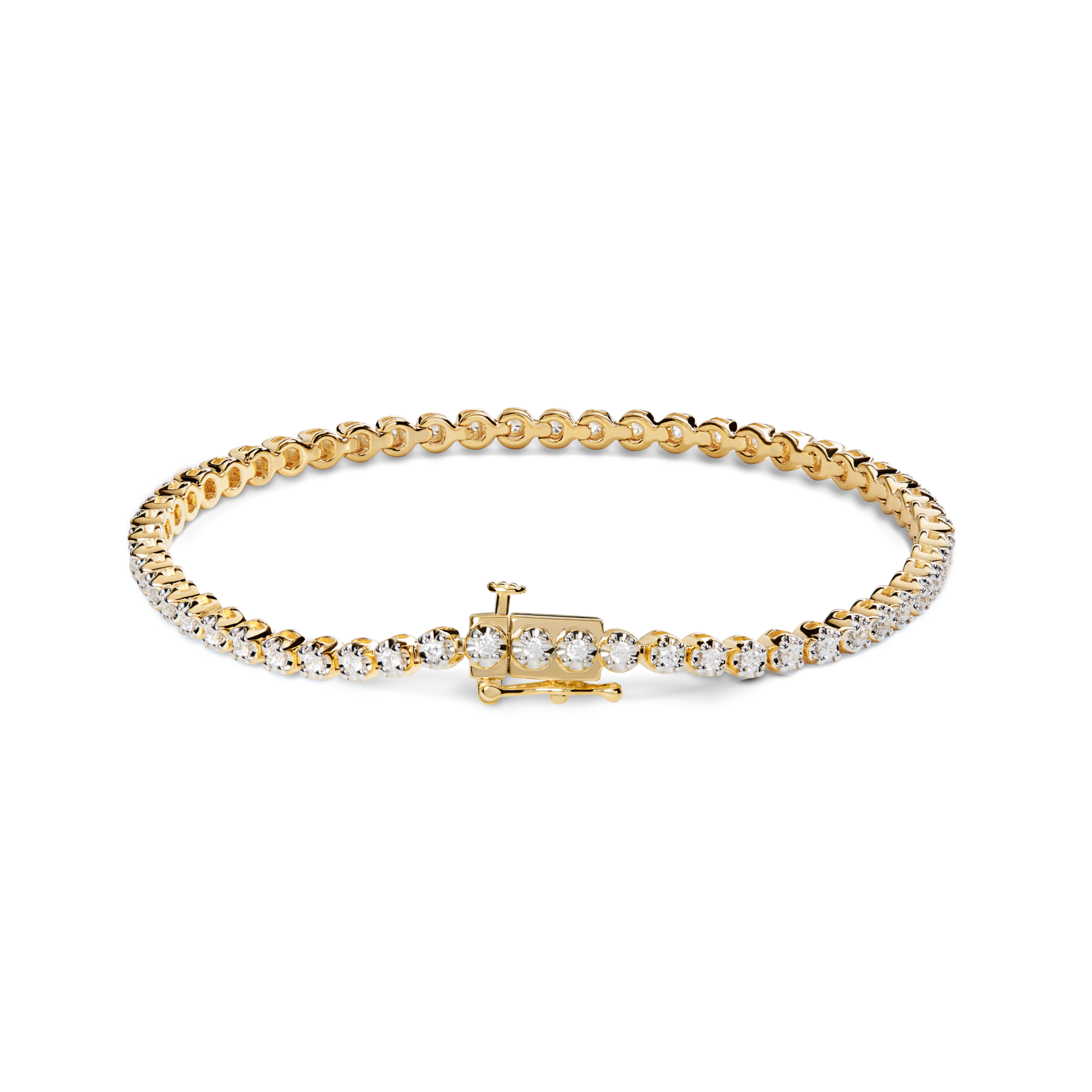 The Shinola 1 Carat 7" Diamond Tennis Bracelet in Yellow Gold features a row of round brilliant diamonds set in a sleek line, secured with a sturdy clasp, and showcased against a plain white background.