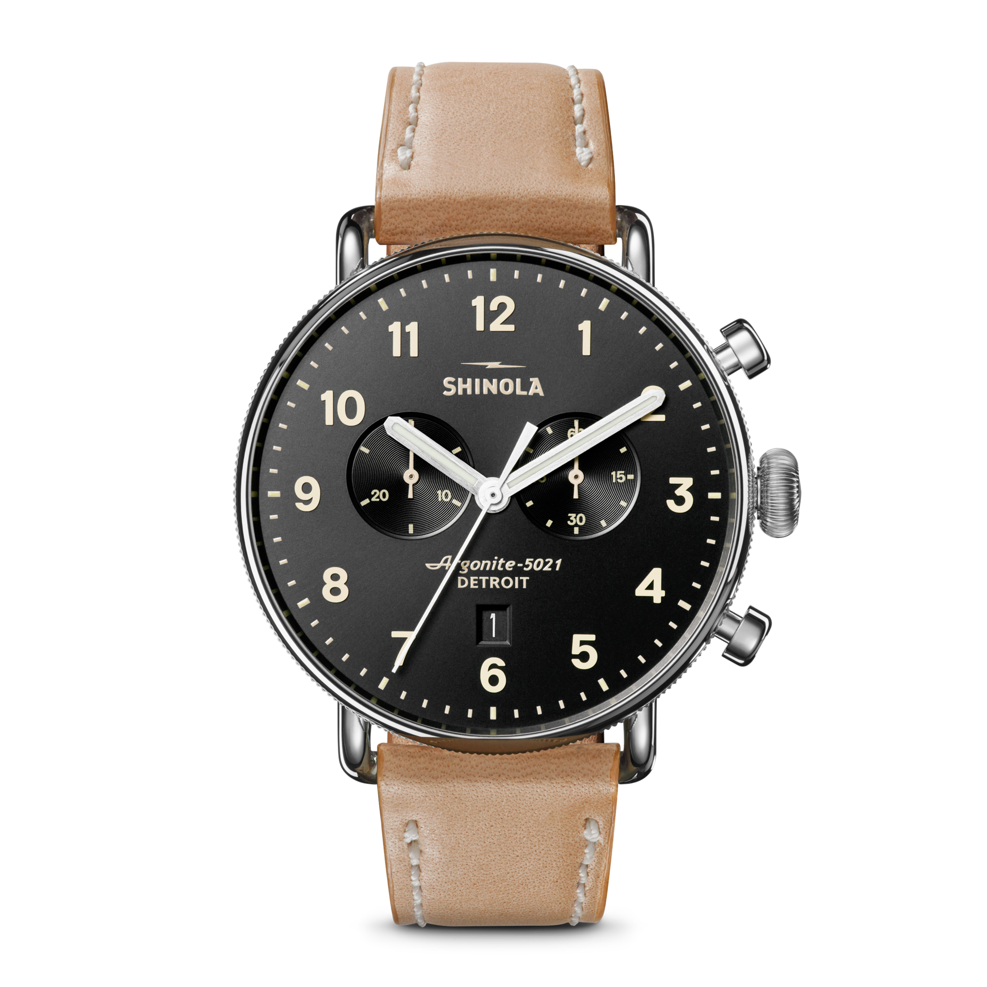 The Shinola Canfield Chronograph Watch - Black features a black dial with white numerals, two subdials, a date window, tan leather strap, silver top-loaded case, and “Shinola” and “Detroit” on the face.