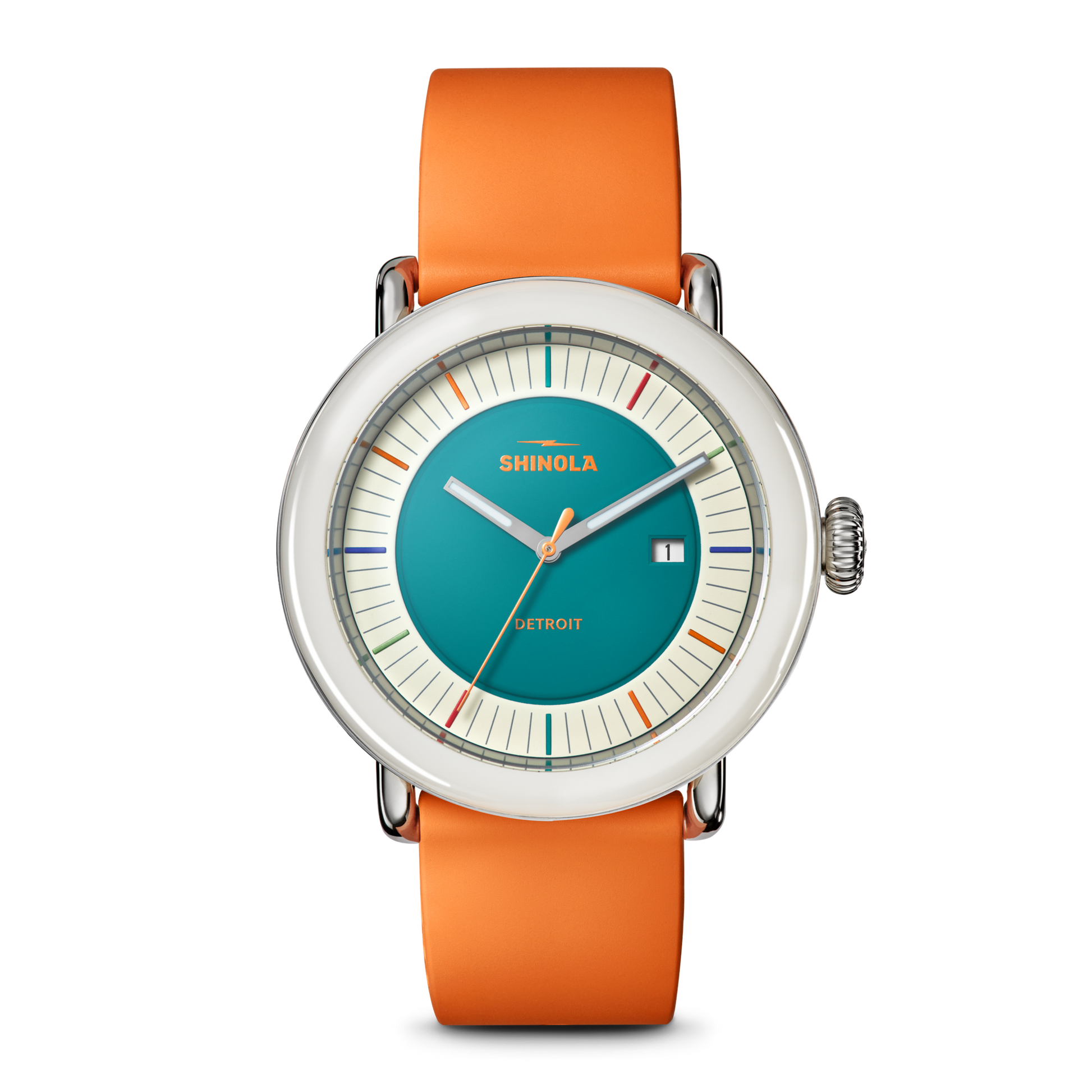 The Detrola Watch - Aqua Green by Shinola features an art-inspired design with an orange band, silver case, teal face, colorful hour markers, and a small date window on the right for a bold modern statement.