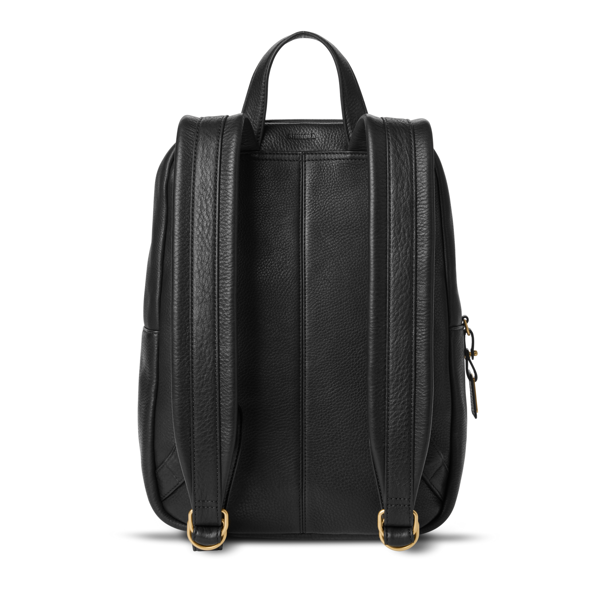 The Small Runwell Backpack - Black by Shinola is displayed from the back, highlighting two padded shoulder straps, a top handle, gold-tone buckles, and visible stitching against a plain white background.