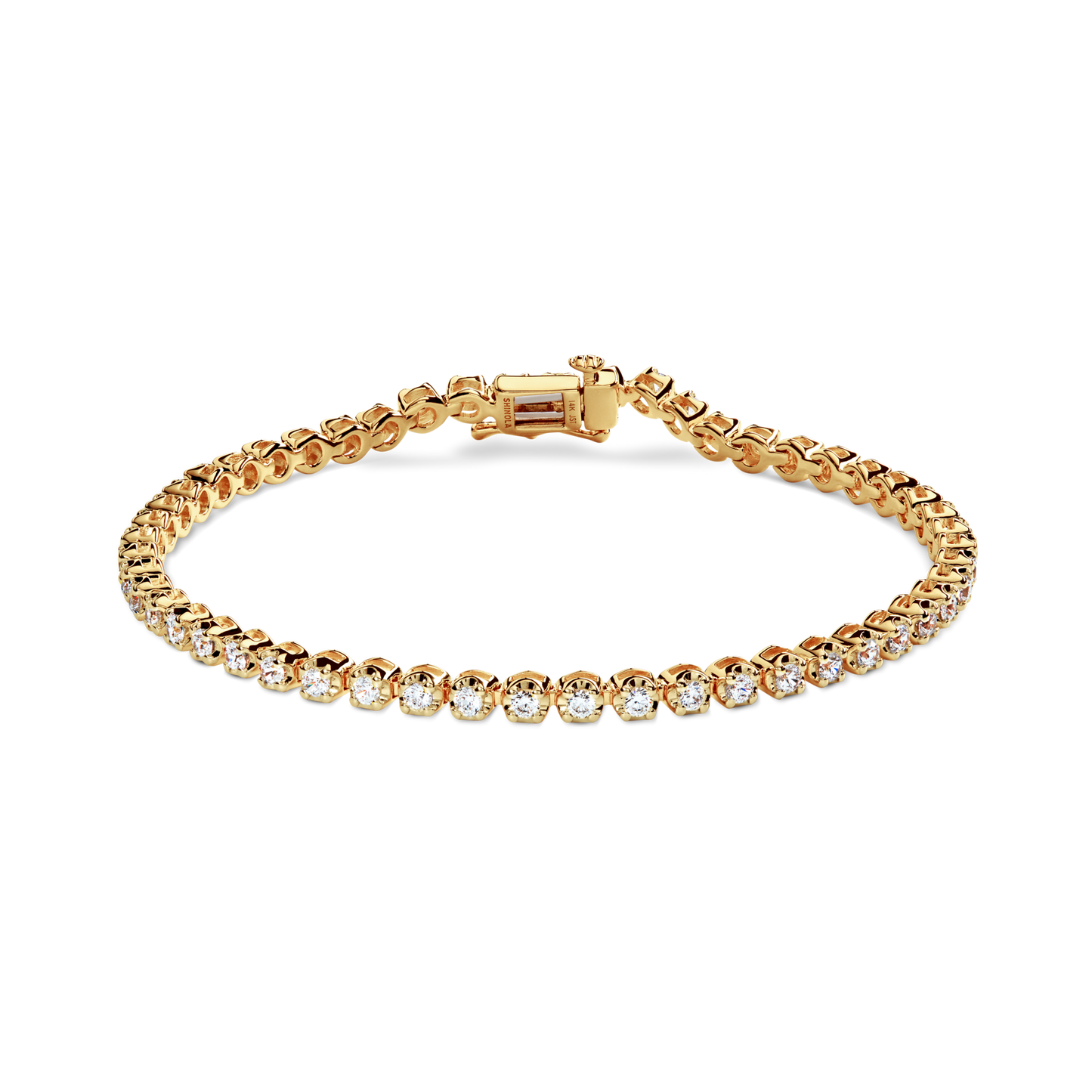 The Shinola 2 Carat 7" Diamond Tennis Bracelet in yellow gold features a single row of brilliant cut diamonds set in prongs with a secure clasp, showcased on a plain white background.