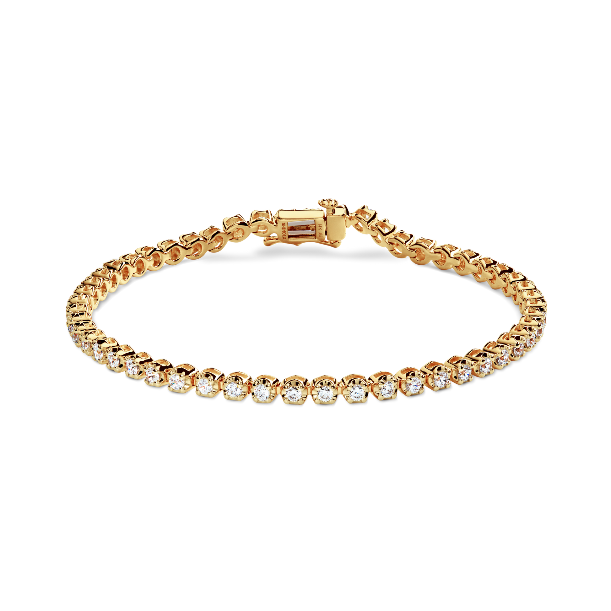 The Shinola 1.84 Carat 6.5" Diamond Tennis Bracelet in yellow gold features a row of brilliant cut diamonds set in a secure clasp, shown against a plain white background.