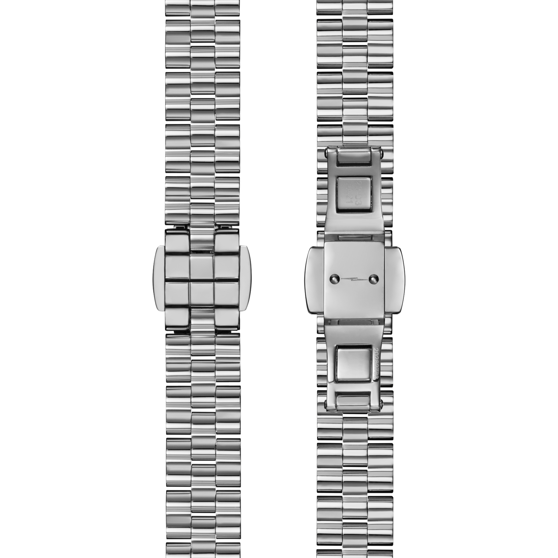Two Shinola 10mm Wavy Bar Link Bracelets in stainless steel, with five-link design and butterfly deployment clasps, are shown side by side next to a Birdy Classic premium leather watch strap on a plain white background.