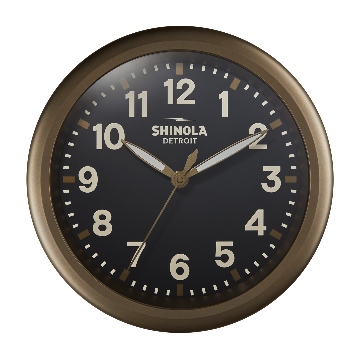 The 14" Shinola Runwell Clock features a round bronze frame, black face, and white numbers and hands, with "SHINOLA DETROIT" displayed at the center.
