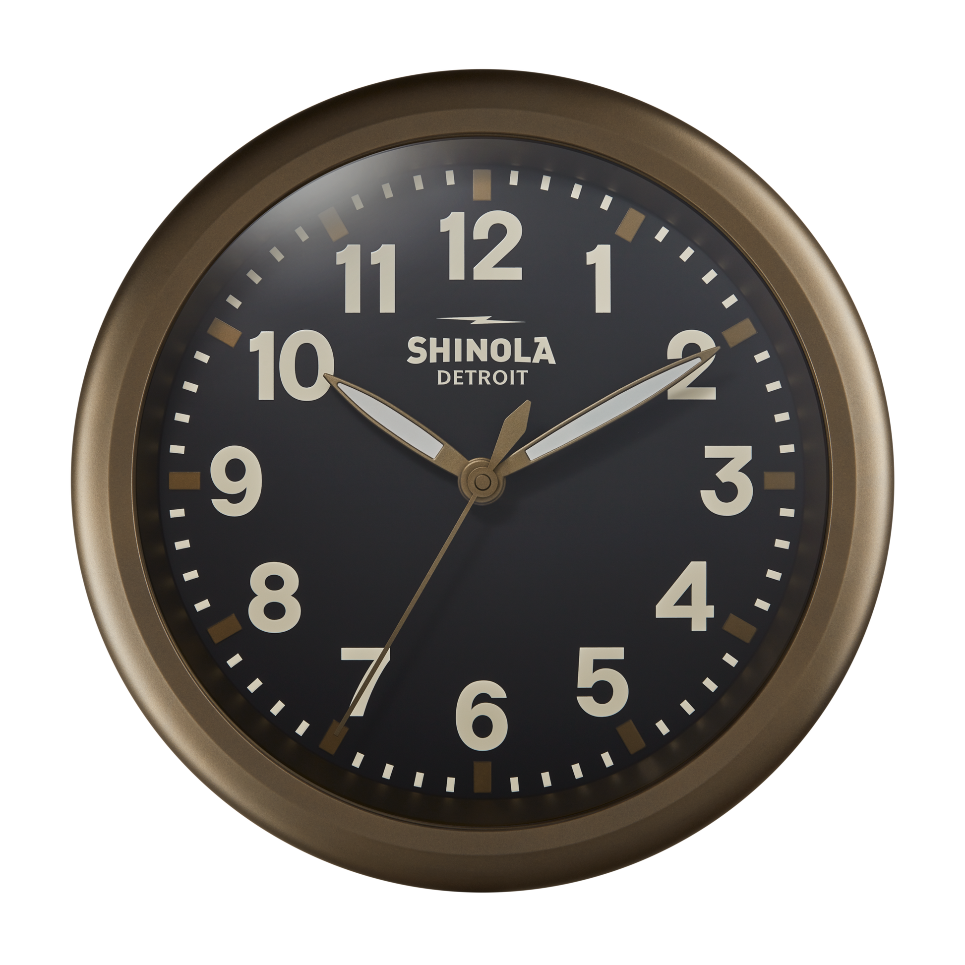 The 14" Shinola Runwell Clock features a round bronze frame, black face, and white numbers and hands, with "SHINOLA DETROIT" displayed at the center.