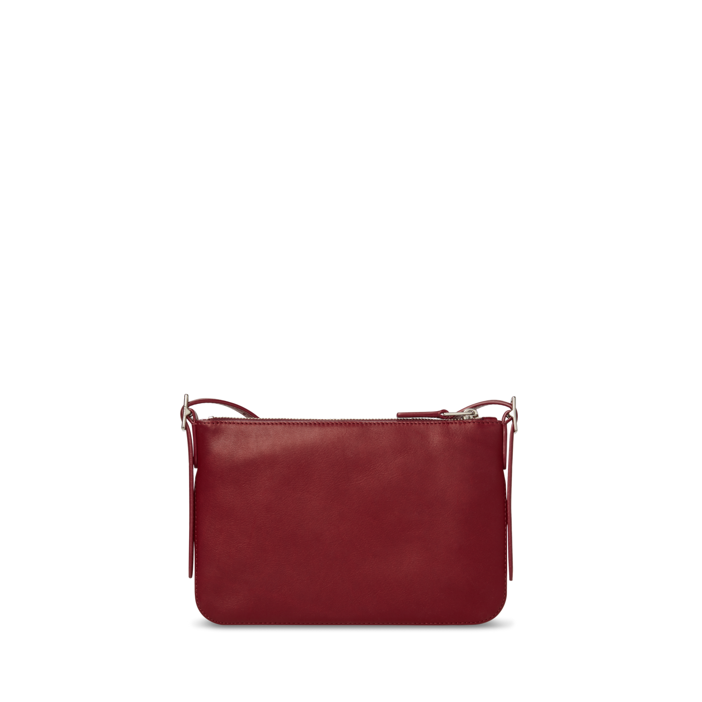 The Small Bixby Crossbody - Ruby by Shinola is a compact rectangular red natural leather bag with a minimalist design, zipper closure, and adjustable shoulder strap—perfect for everyday use, shown on a plain white background.