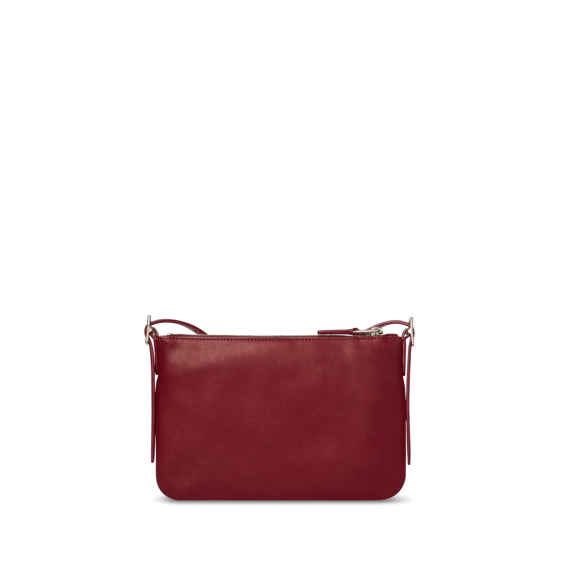 The Small Bixby Crossbody - Ruby by Shinola is a compact rectangular red natural leather bag with a minimalist design, zipper closure, and adjustable shoulder strap—perfect for everyday use, shown on a plain white background.