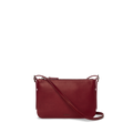 The Shinola Small Bixby Crossbody - Ruby is a sleek, rectangular natural leather bag in dark red with a long strap and top zipper, perfect for daily use, shown against a plain white background.