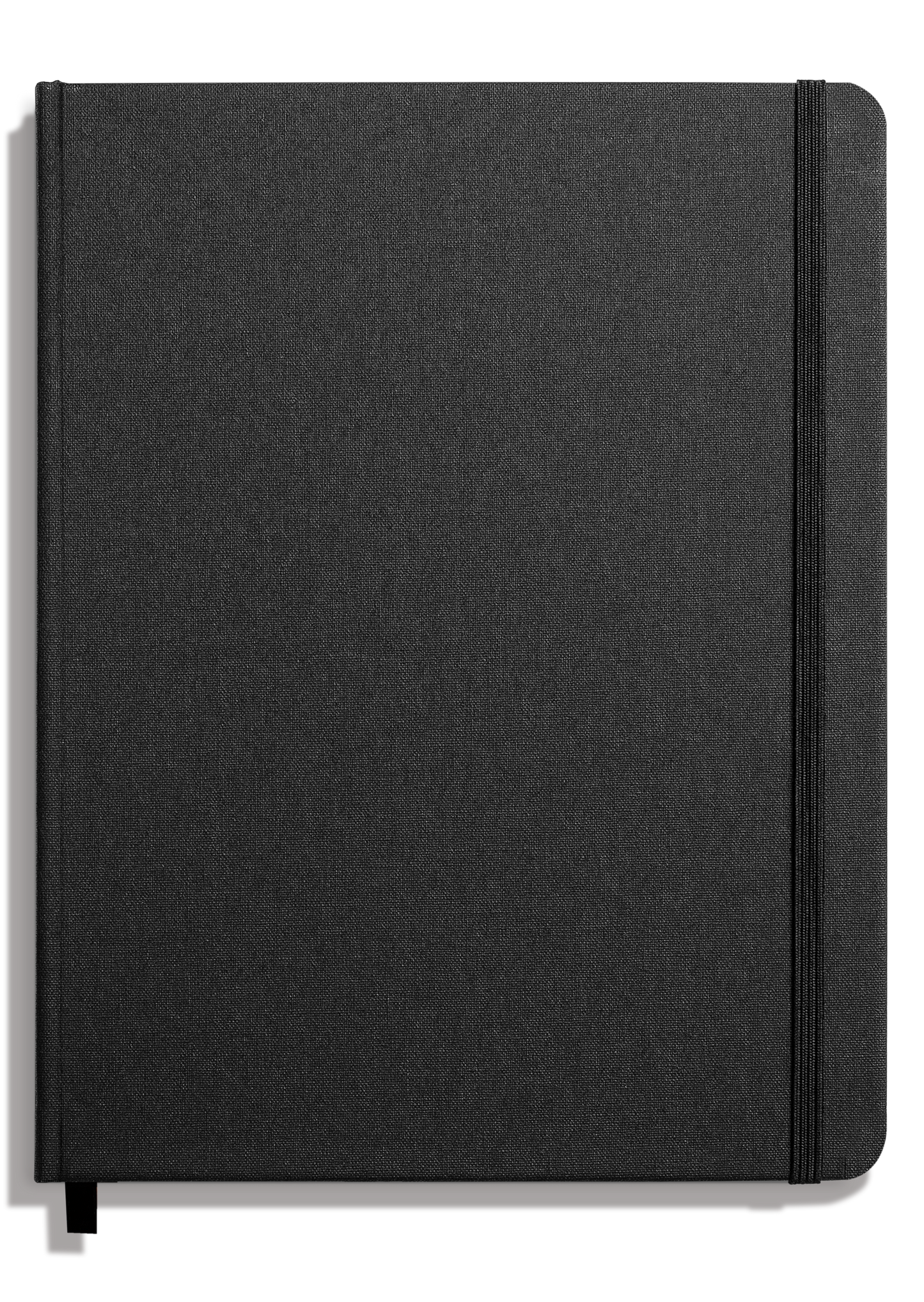 The Shinola Large Hard Ruled Journal - Black features a textured linen hardcover, smyth-sewn binding for lasting durability, an elastic closure on the right side, and a ribbon bookmark.
