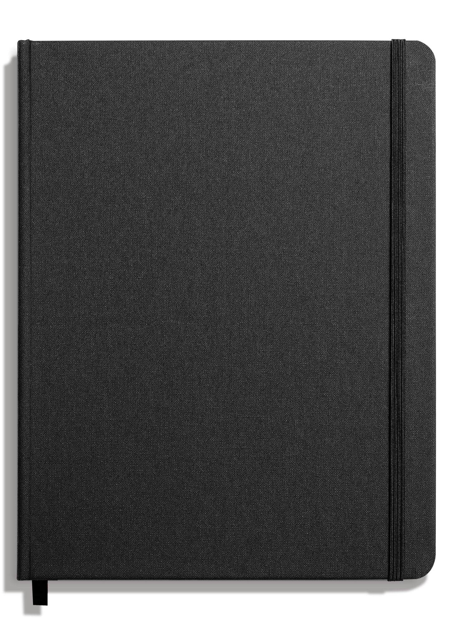 The Shinola Large Hard Plain Journal in black features a fabric-textured linen cover, acid-free pages, an elastic closure on the right edge, and a black ribbon bookmark. It is shown closed on a plain white background.