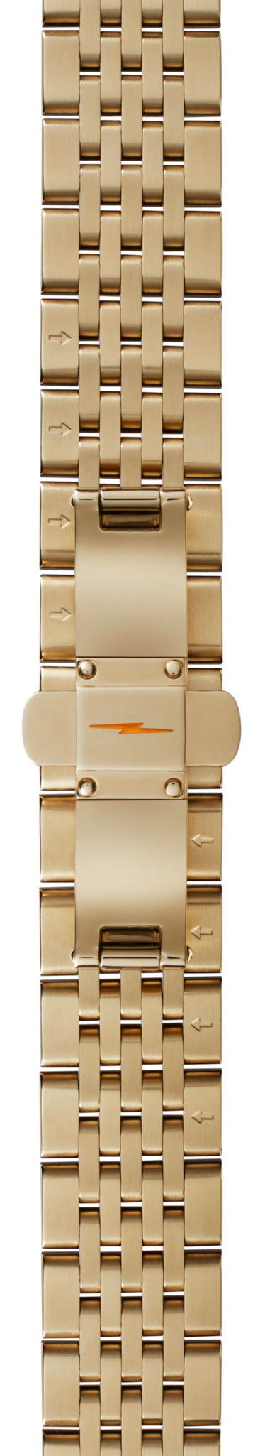 Close-up of the Shinola 14mm Gold 7-Link Bracelet - PVd Gold band; a central clasp and engraved arrows on the links indicate adjustment directions.