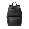 The Shinola Small Runwell Backpack in black natural grain leather features gold zippers, a top handle, and two straps—perfect for adding everyday style in a compact design.