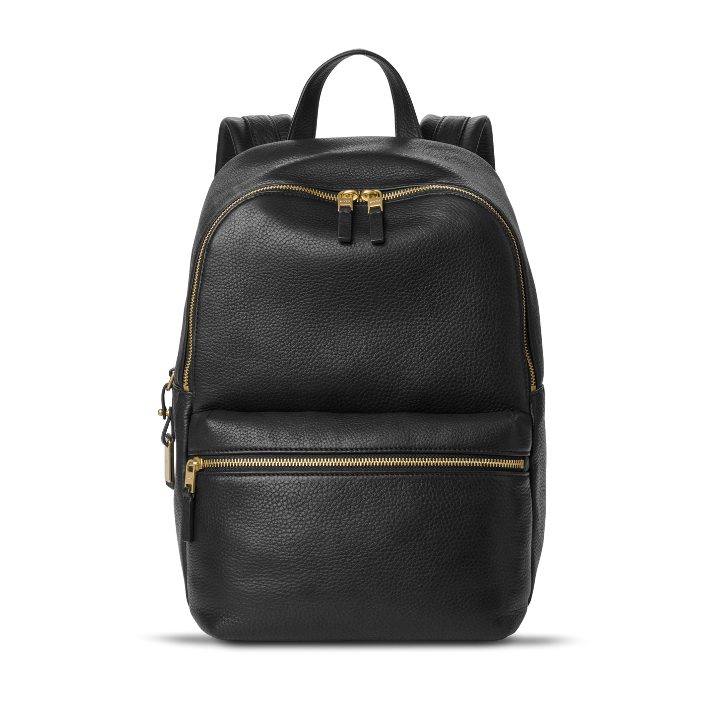 The Shinola Small Runwell Backpack in black natural grain leather features gold zippers, a top handle, and two straps—perfect for adding everyday style in a compact design.