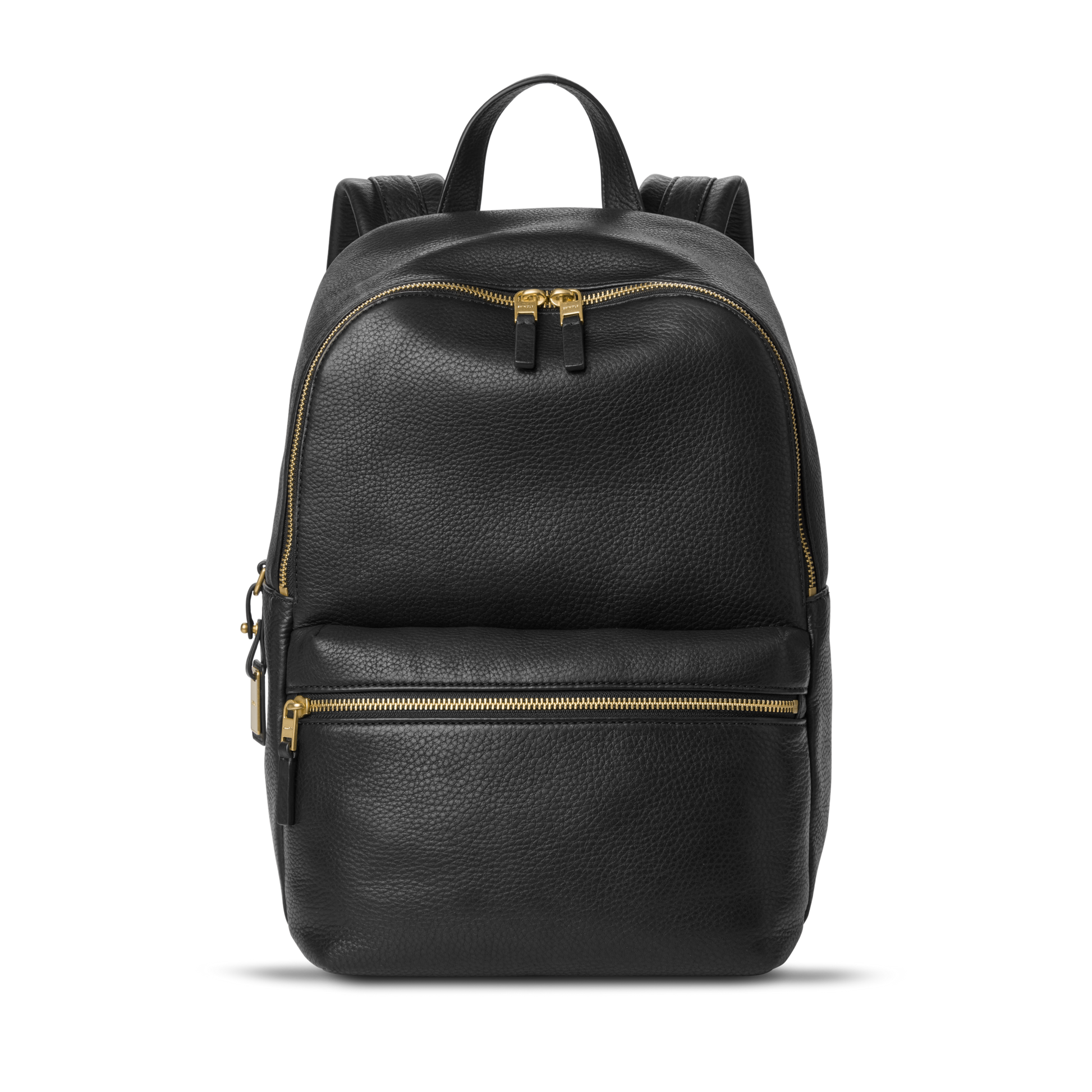 The Shinola Small Runwell Backpack in black natural grain leather features gold zippers, a top handle, and two straps—perfect for adding everyday style in a compact design.