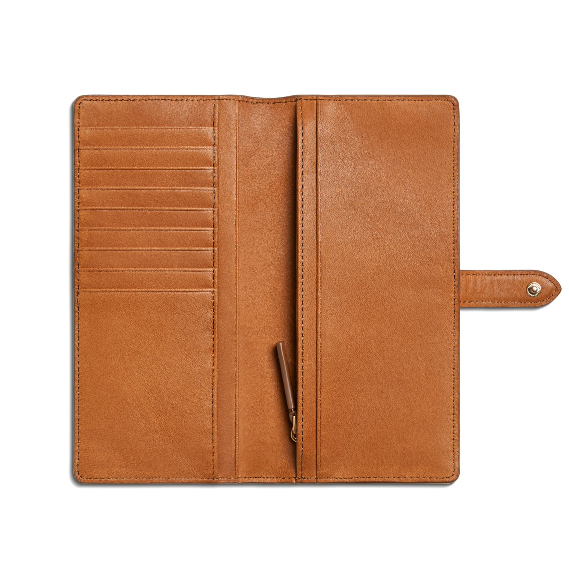 Shinola Continental Snap Wallet - Tan, made from natural leather, features left card slots, a center zip pocket, and a right snap closure strap. Shown on a white background.