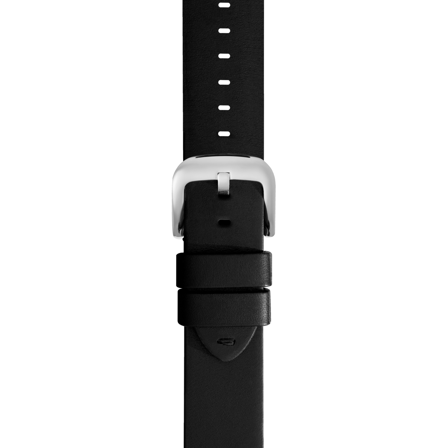 A close-up of the Shinola 24mm Black Leather Watch Strap—Black with a silver buckle, displayed vertically on a white background. Designed for the 46mm Brakeman, it includes multiple adjustment holes and two loops for secure fitting.