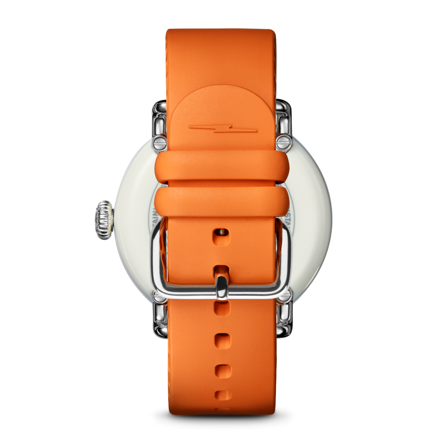 The Shinola Detrola Watch - Aqua Green features a bright orange silicone strap, a silver buckle, and a round case with the crown on the left, shown from the back for a modern art-inspired look.