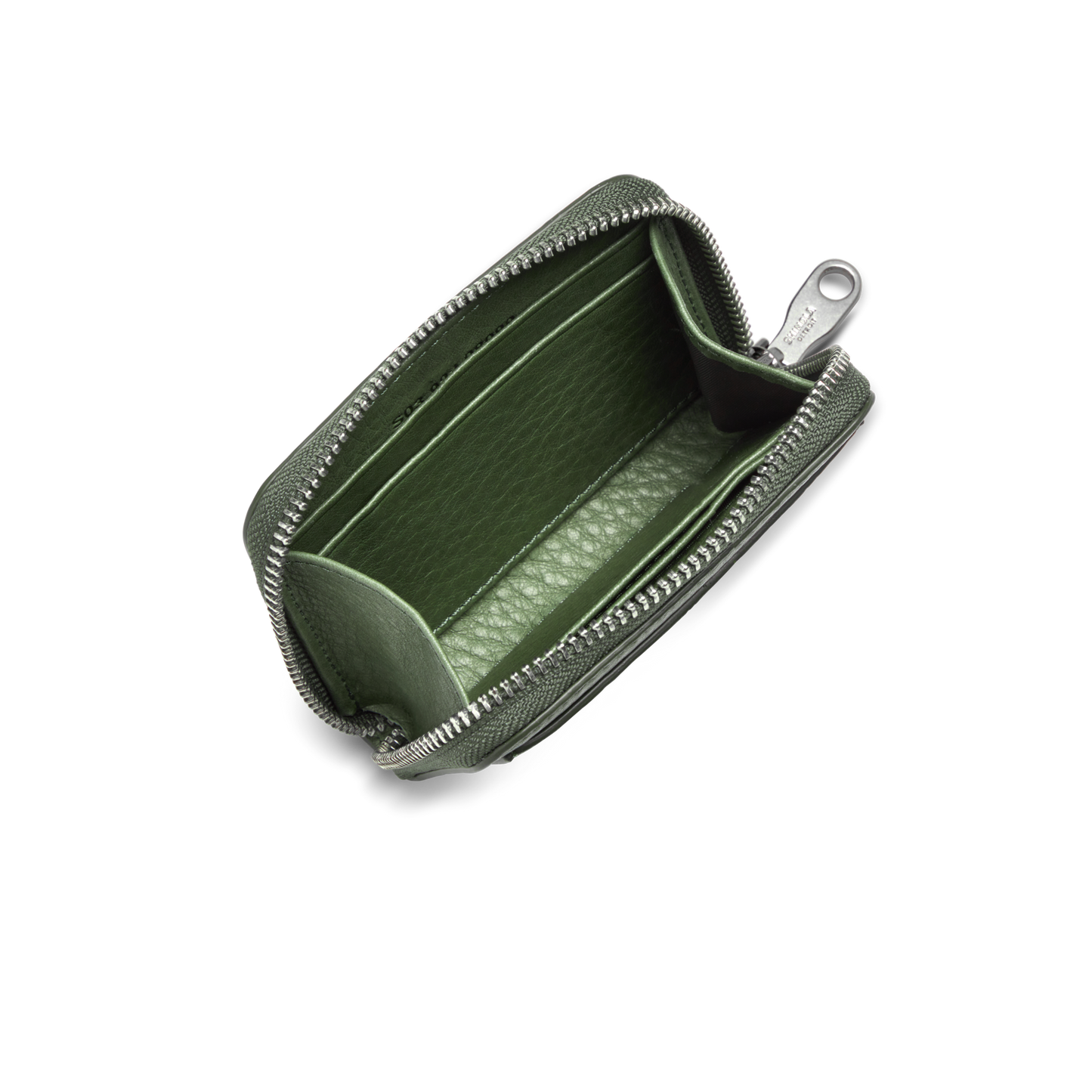 The Shinola Pocket Small Zip Around Wallet - Evergreen is open, displaying its empty interior with one card pocket and a silver zipper pull.