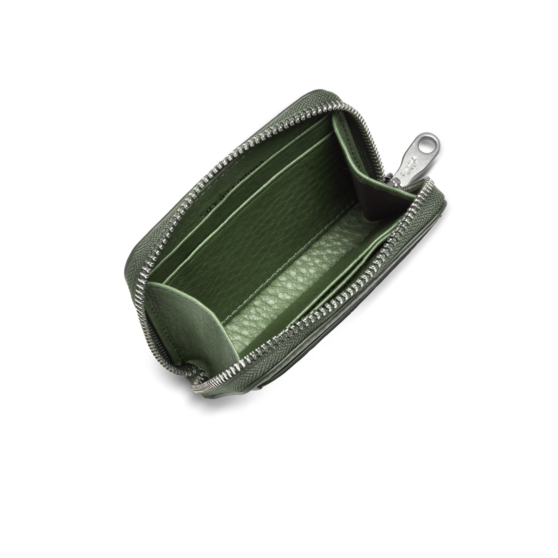 The Shinola Pocket Small Zip Around Wallet - Evergreen is open, displaying its empty interior with one card pocket and a silver zipper pull.