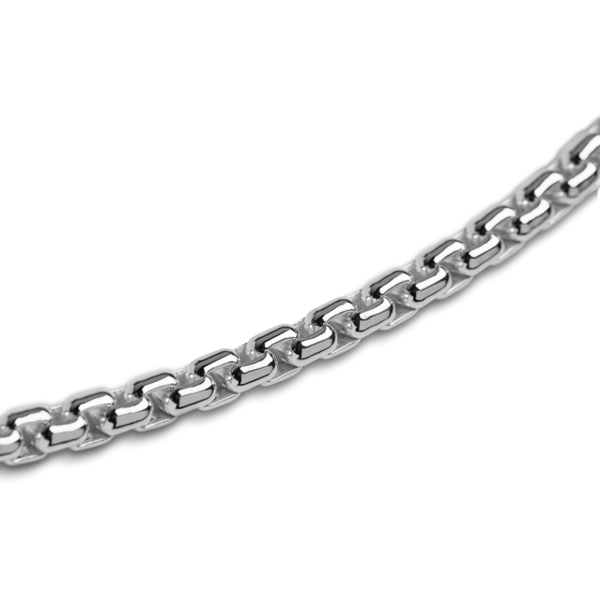 Close-up of the 4mm Box Chain Bracelet by Shinola, featuring sterling silver rectangular interlocking links. The polished, slightly curved chain shines against a plain white background.