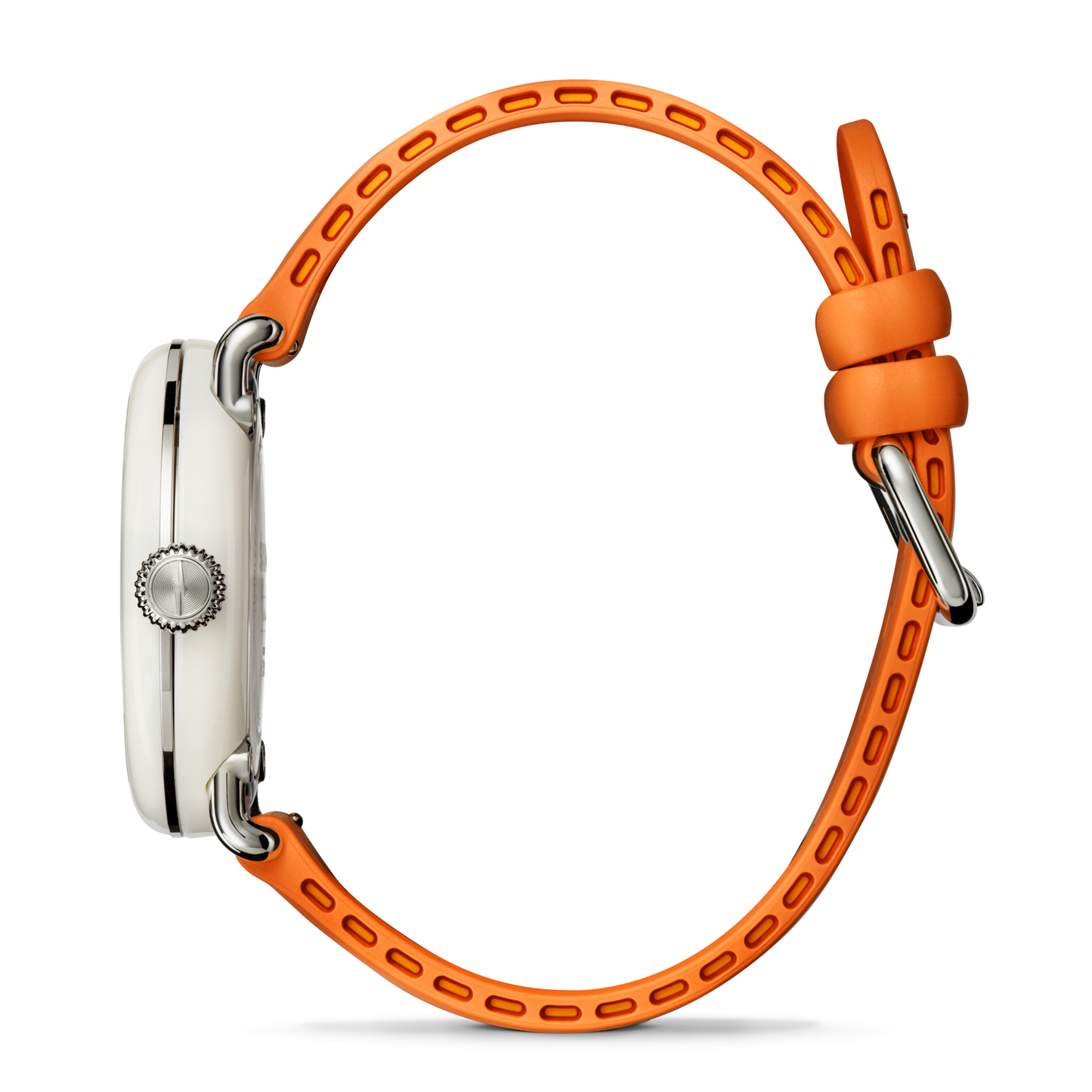 Side view of the Shinola Detrola Watch - Aqua Green, featuring an art-inspired white case, silver crown, and a bright orange band with two loops and a silver buckle, set against a plain white background.