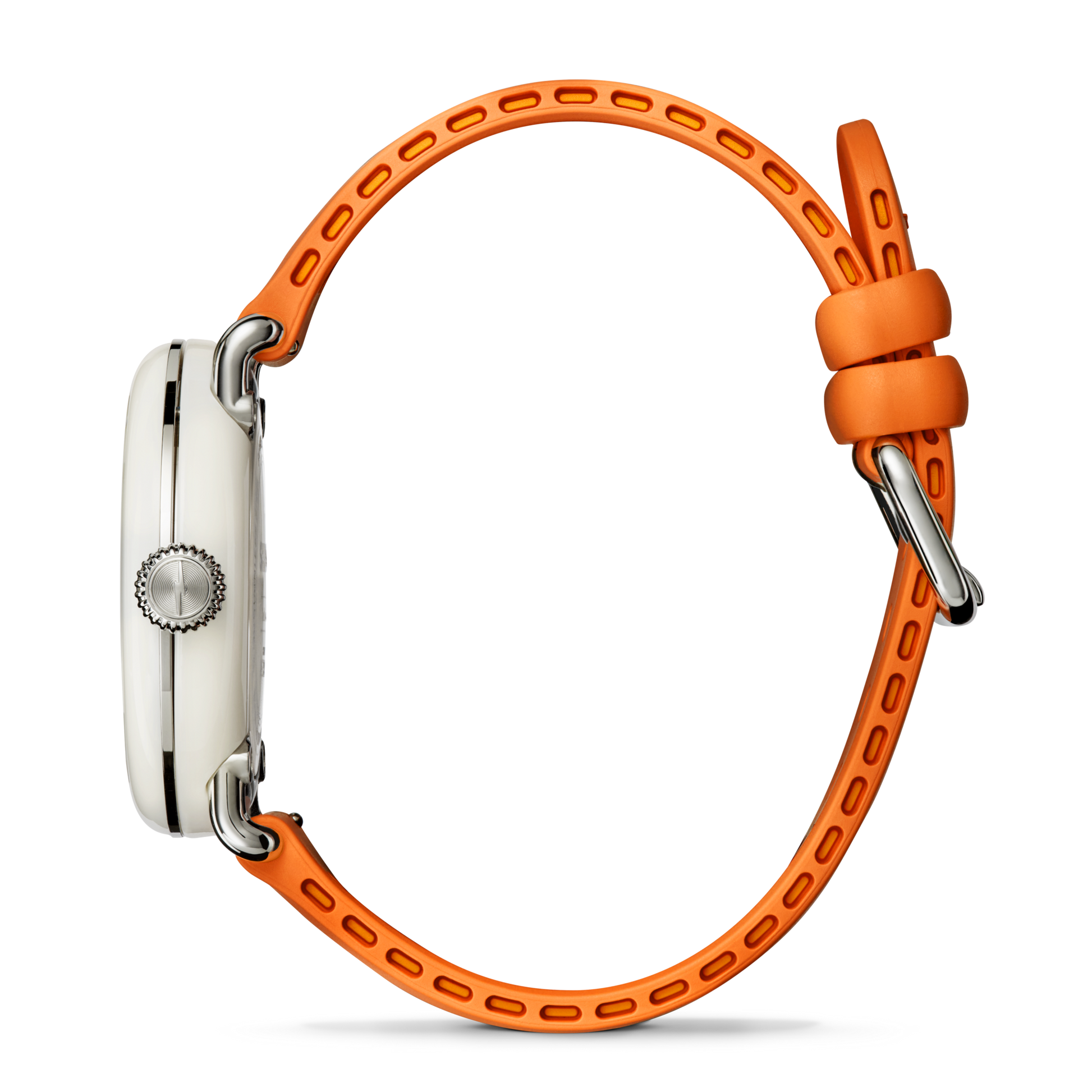 Side view of the Shinola Detrola Watch - Aqua Green, featuring an art-inspired white case, silver crown, and a bright orange band with two loops and a silver buckle, set against a plain white background.