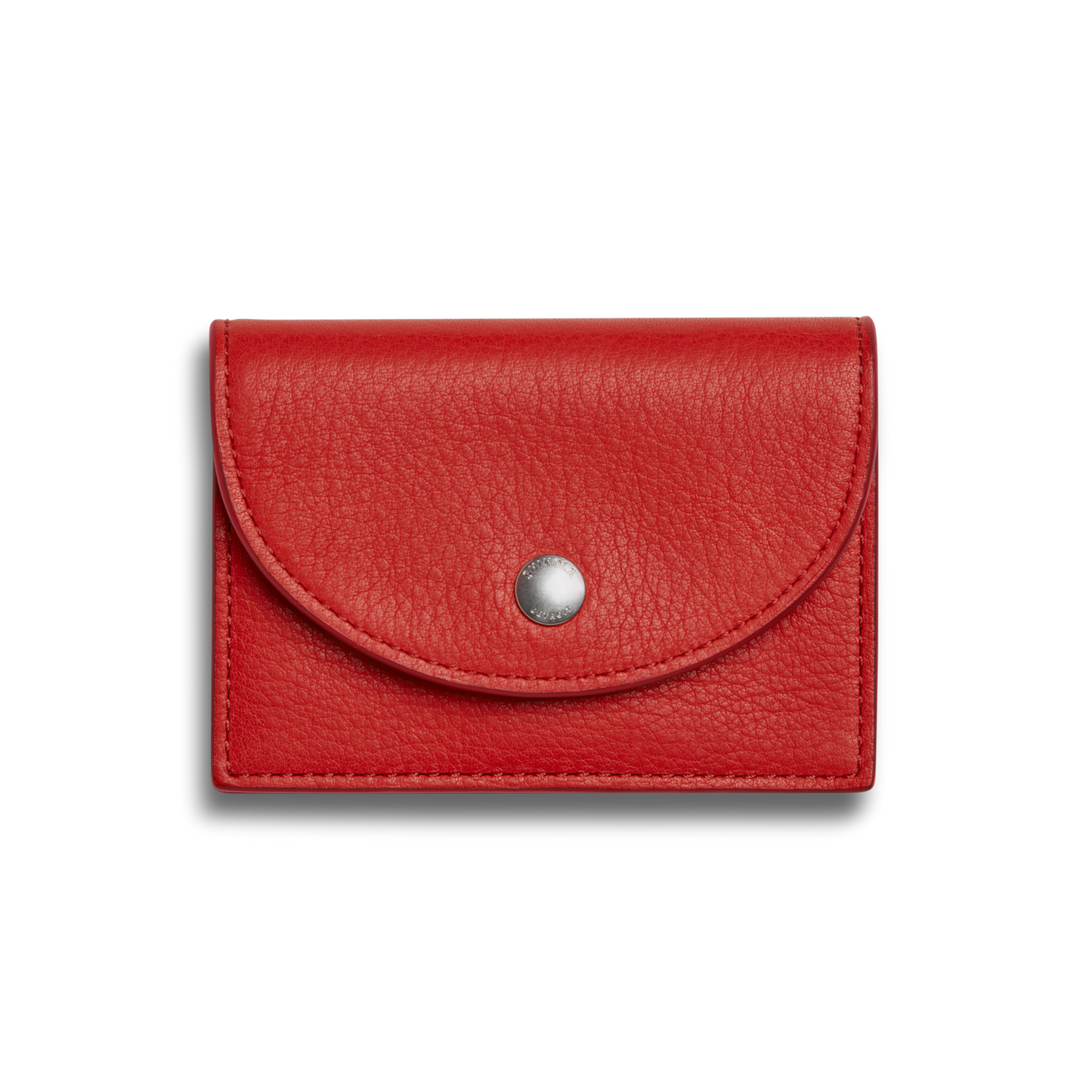 The Shinola Birdy Accordion Card Holder - Tomato, a compact red natural leather wallet with a curved flap, silver snap closure, and card pockets, is shown against a plain light background.