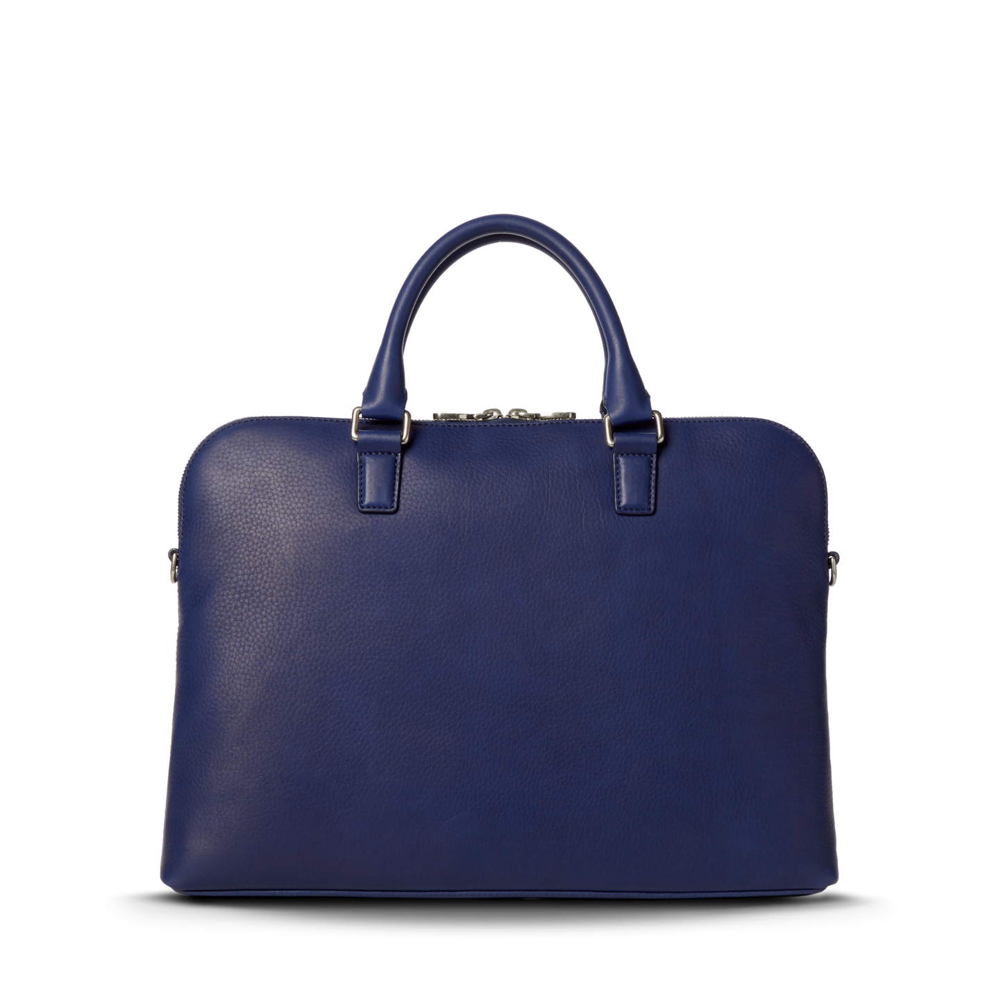 The Shinola Portfolio Briefcase - Lake is a structured blue slim laptop case made from European grain leather, featuring two top handles and silver hardware, shown against a plain white background.