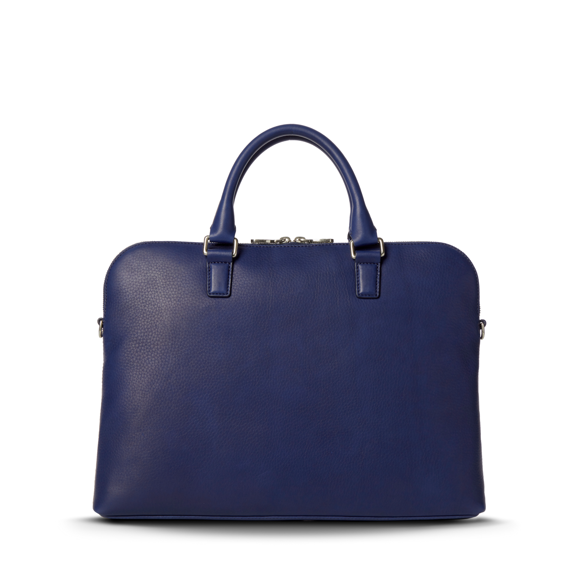 The Shinola Portfolio Briefcase - Lake is a structured blue slim laptop case made from European grain leather, featuring two top handles and silver hardware, shown against a plain white background.