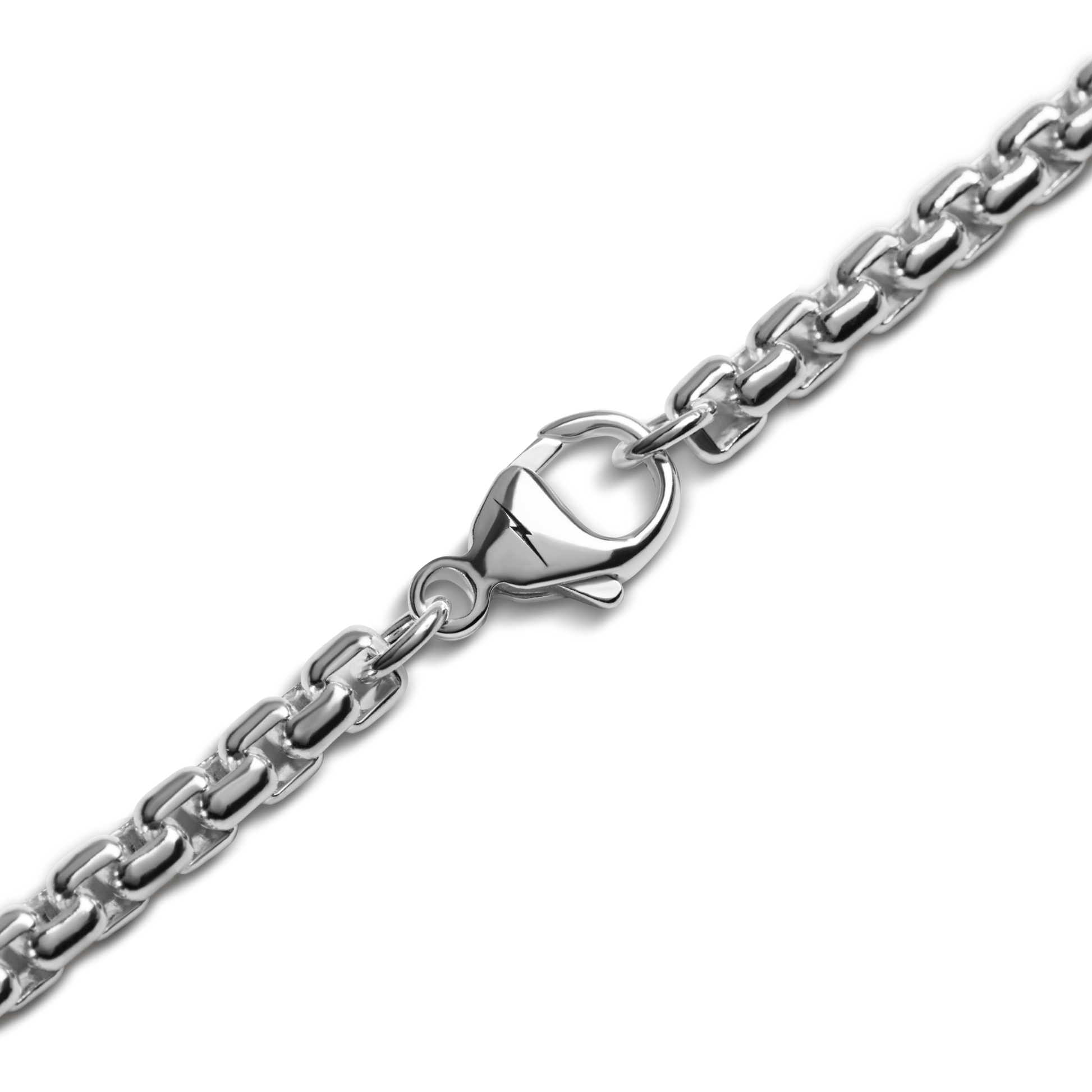 Close-up of the Shinola 4mm Box Chain Necklace in sterling silver, featuring polished interlocked links and a lobster clasp, shown against a plain white background to highlight its elegant 24" length.