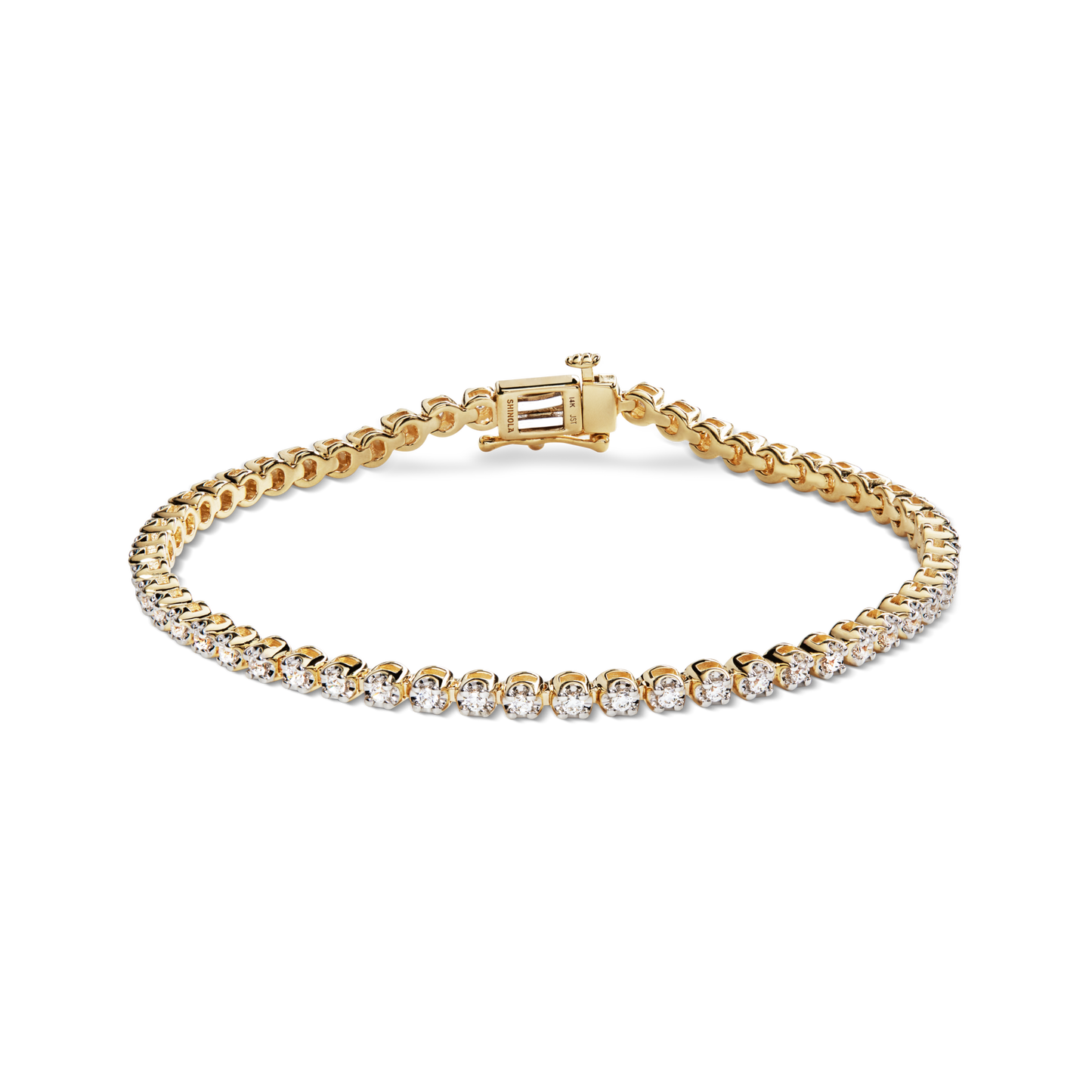 The Shinola 1.84 Carat 6.5" Diamond Tennis Bracelet in yellow gold features a single row of round brilliant cut diamonds, elegantly set in gold links and displayed on a white background.