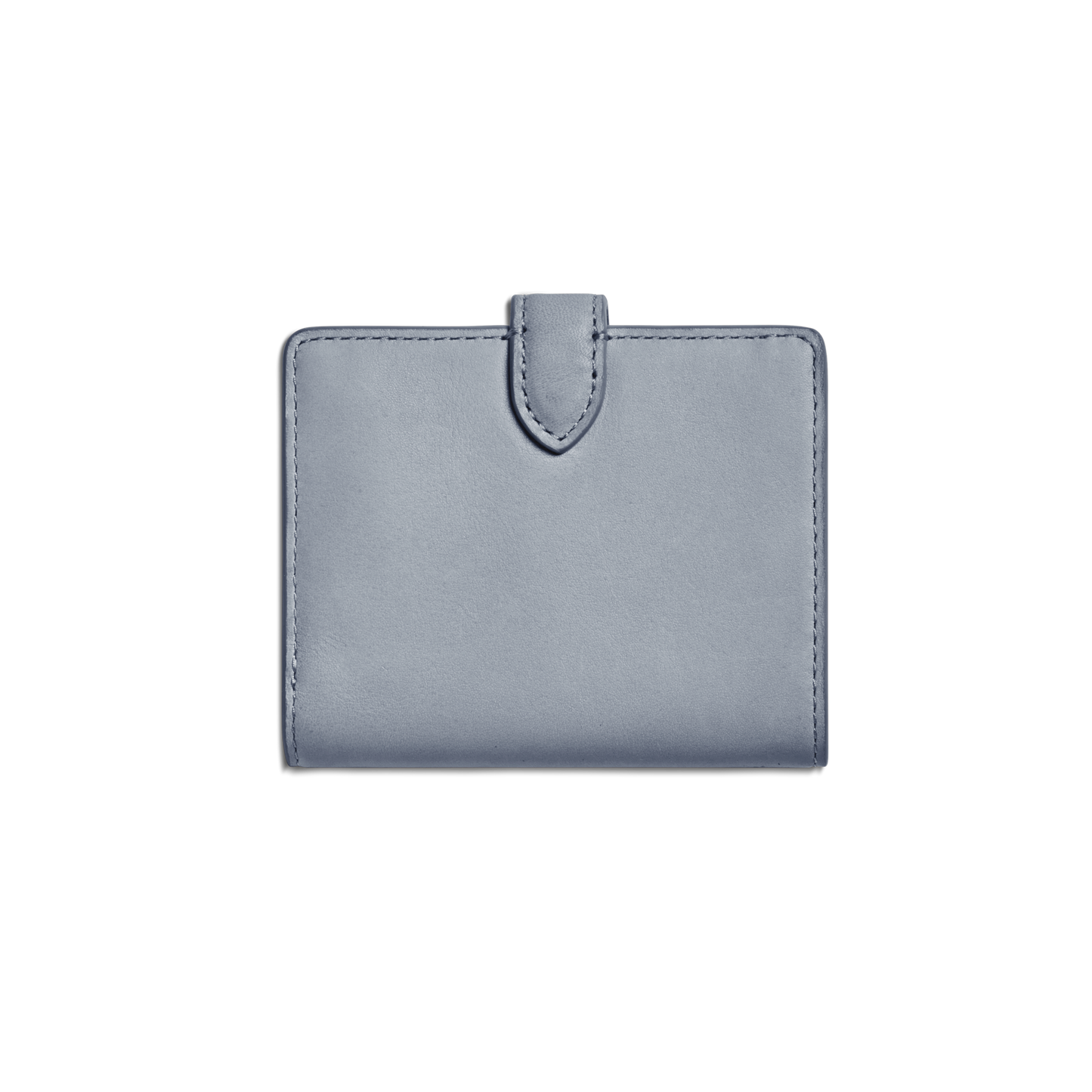 The Shinola Small Snap Wallet - Mist is a closed, minimalist blue-gray wallet with a petite design and a small top-center tab, shown against a plain white background.