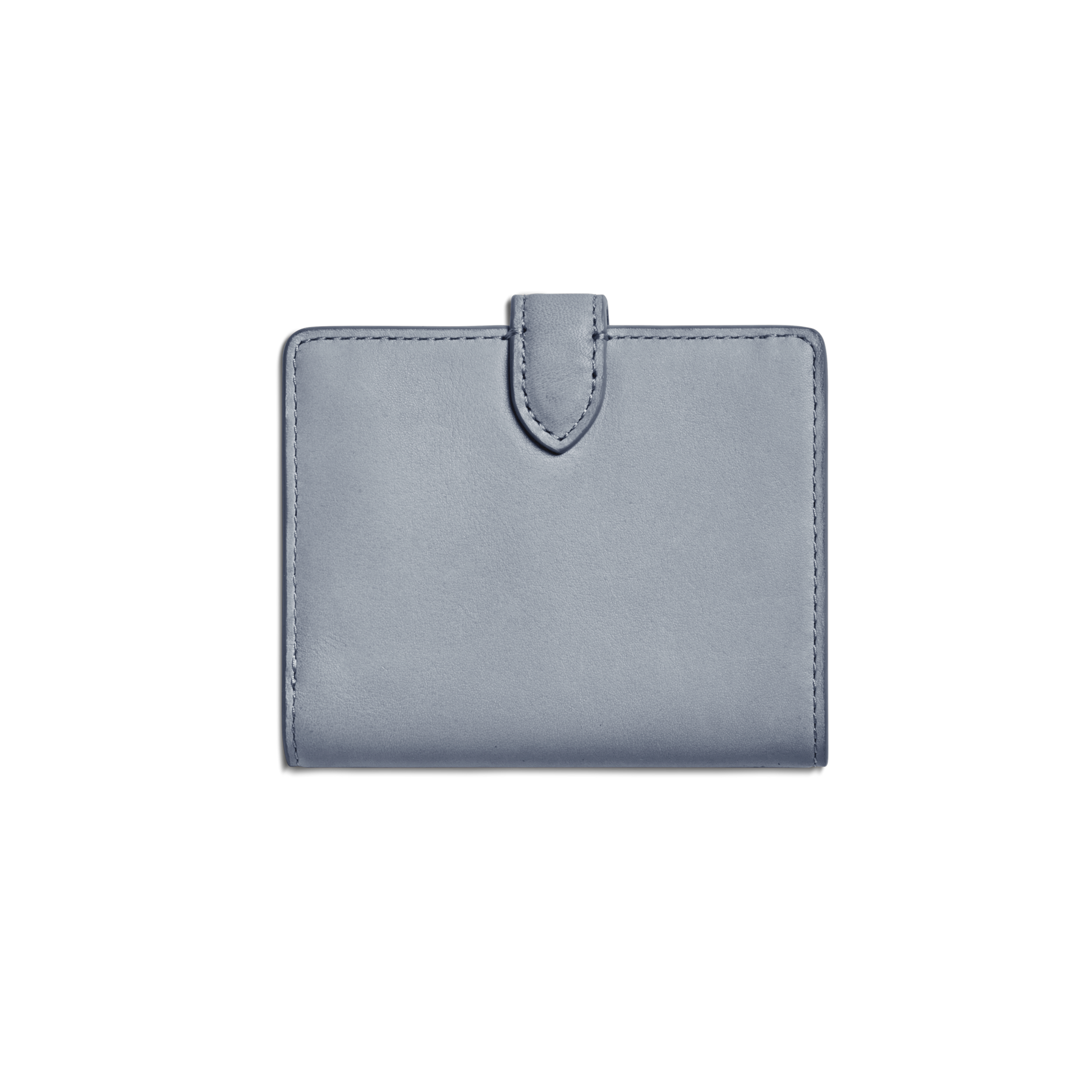 The Shinola Small Snap Wallet - Mist is a closed, minimalist blue-gray wallet with a petite design and a small top-center tab, shown against a plain white background.