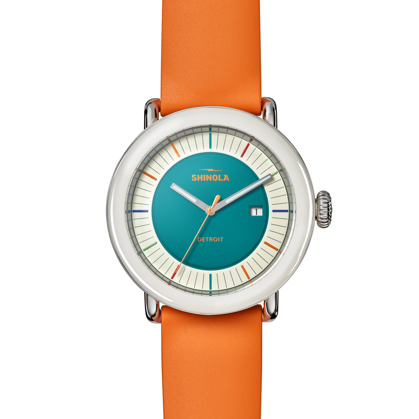 The Shinola Detrola Watch - Aqua Green features an orange band, turquoise face, silver case, white dial with multicolored hour markers, and a date window at 3 o’clock.