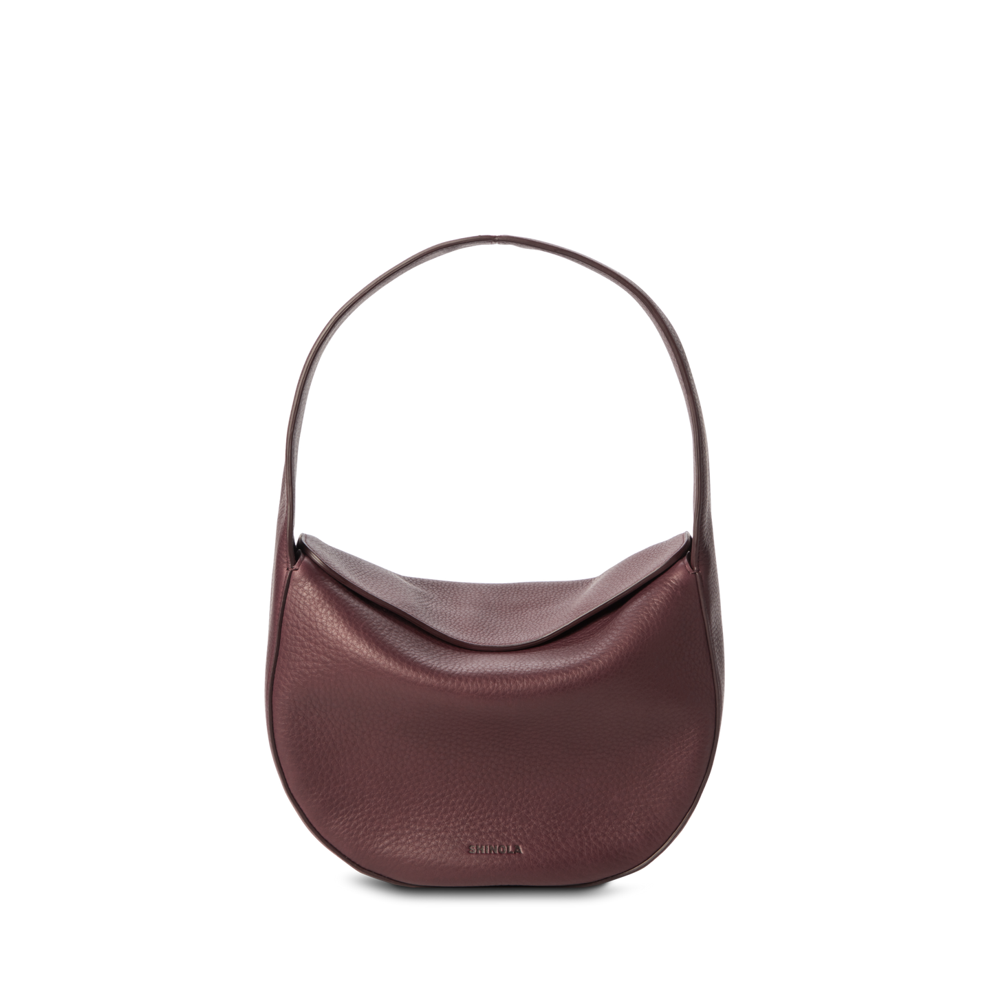 The Shinola Small Shoulder Bag - Merlot features natural grain leather, a curved silhouette, single wide handle, and pebbled texture. Subtle gold branding highlights its premium craftsmanship against a plain white background.