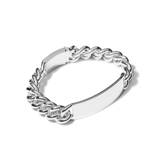 The Shinola Bike Lock ID Bracelet in sterling silver features a chunky chain and a blank, engravable plate for personalized customization.