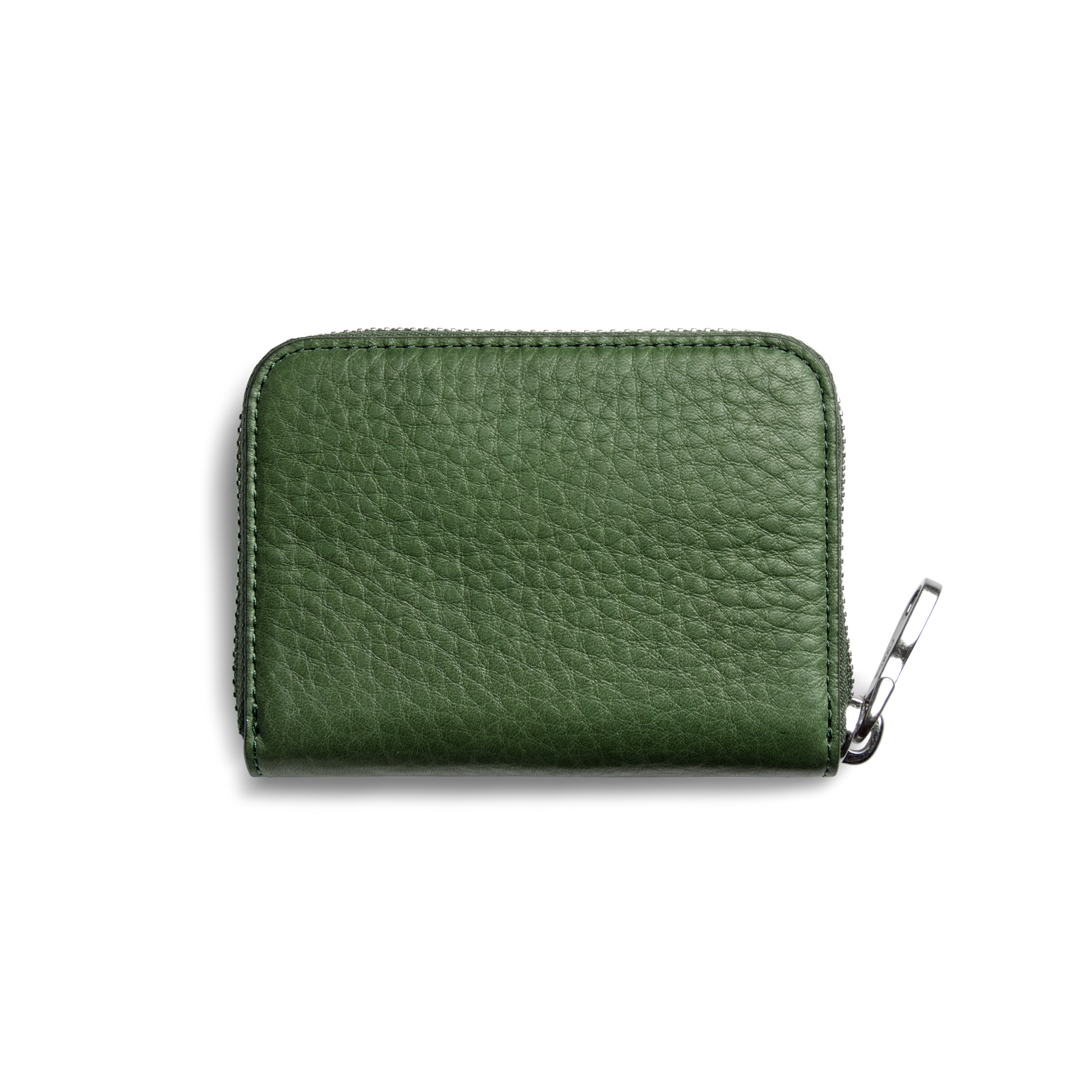 The Shinola Pocket Small Zip Around Wallet in Evergreen features textured green grain leather and a zip-around closure, displayed on a plain white background.