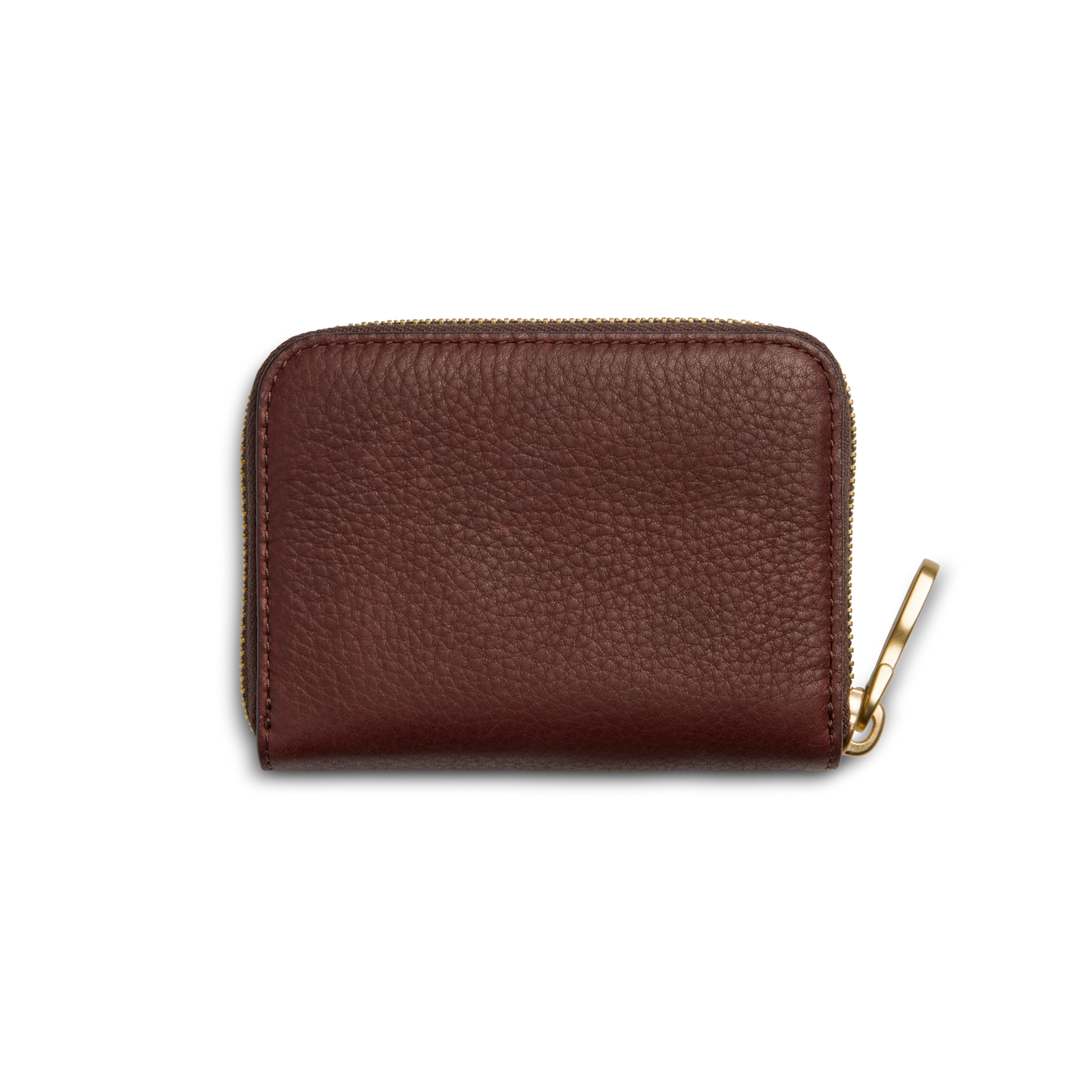 The Shinola Pocket Small Zip Around Wallet in Merlot, featuring a gold zipper pull, is displayed against a plain white background.