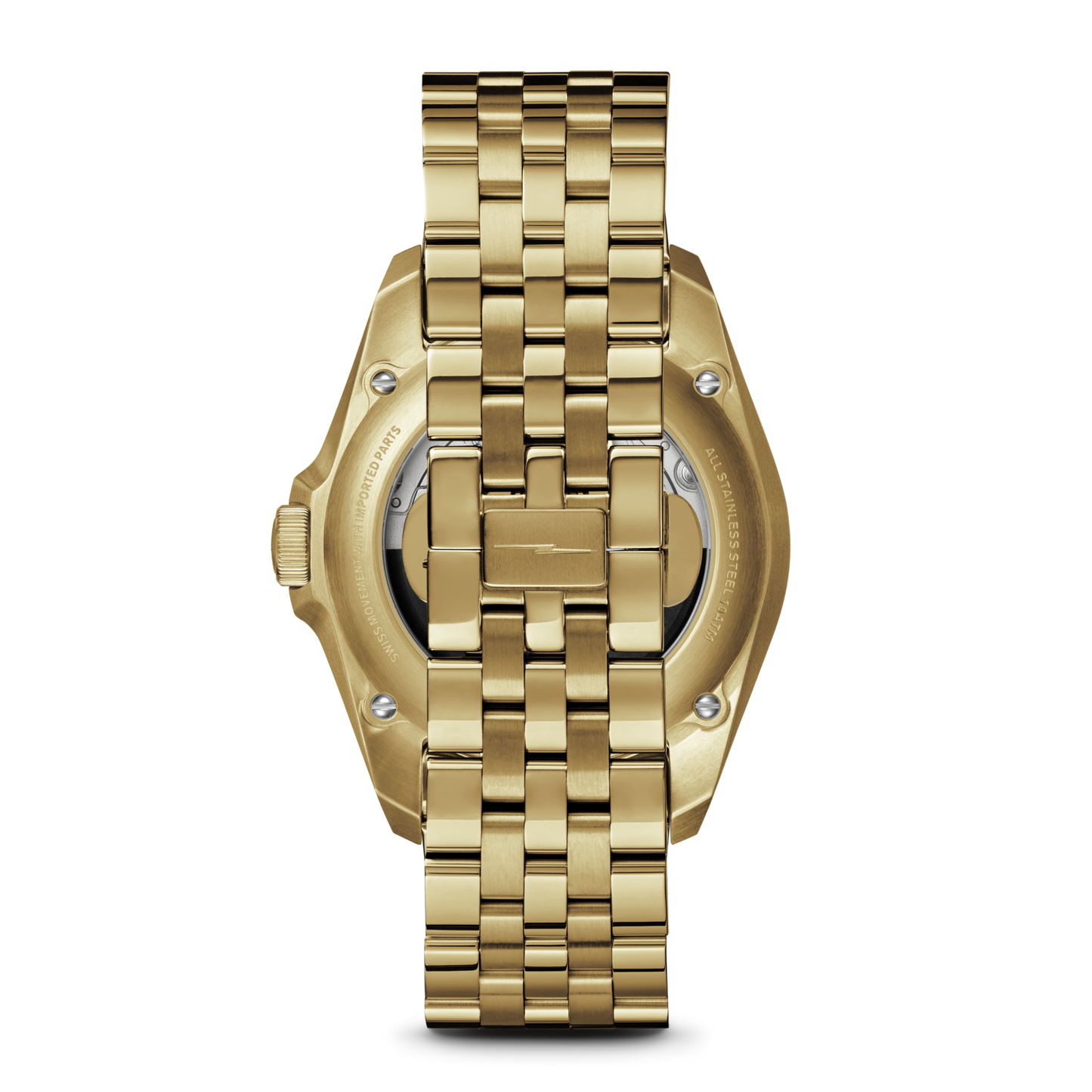 A close-up of the Shinola Circadian Monster Automatic Watch - Gold highlights its metal link band, clasp, and case back. The gold automatic timepiece is displayed vertically against a plain white background.