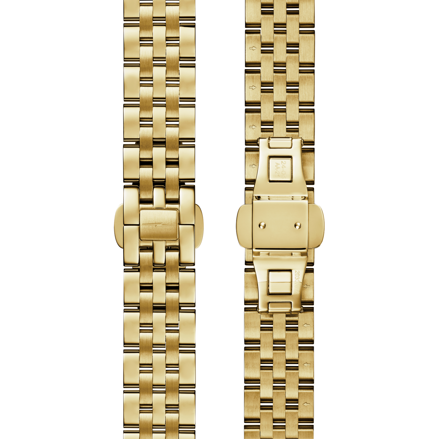 Two views of the Shinola Circadian Monster Automatic Watch - Gold, highlighting its gold bracelet band with a deployment clasp from the top and bottom to showcase the design and closure mechanism.
