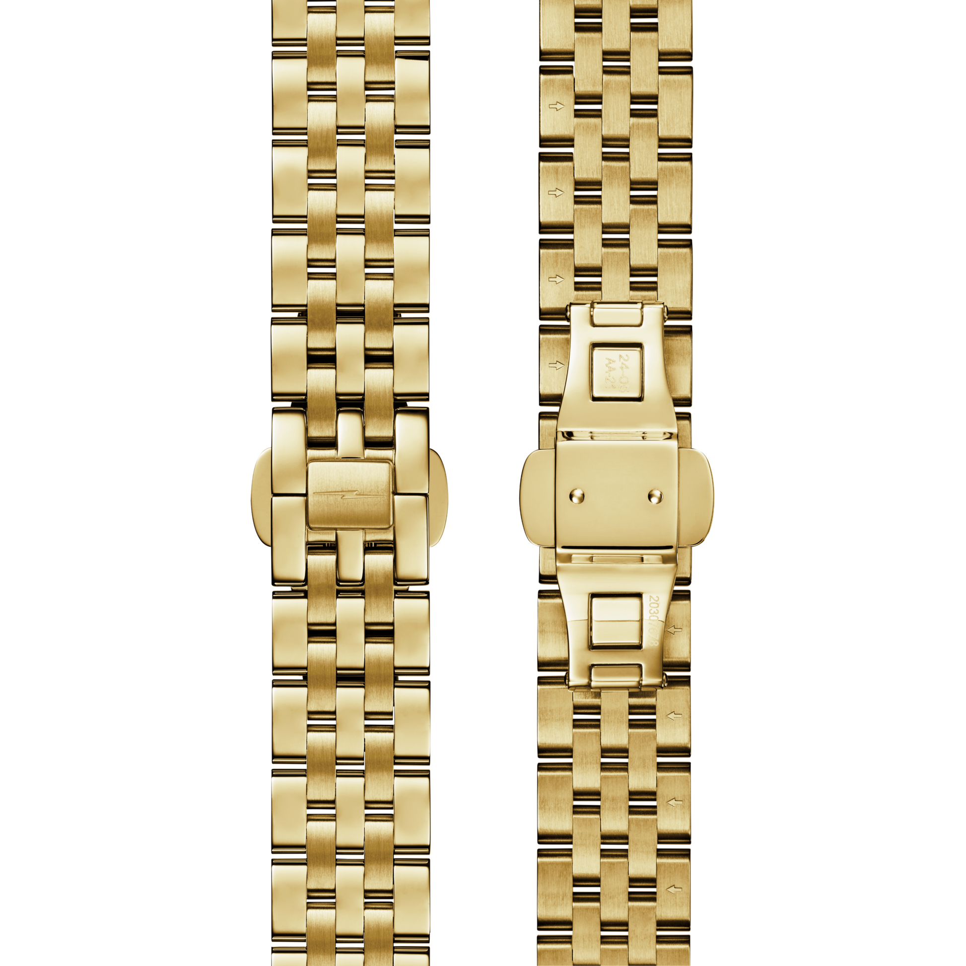 Two views of the Shinola Circadian Monster Automatic Watch - Gold, highlighting its gold bracelet band with a deployment clasp from the top and bottom to showcase the design and closure mechanism.