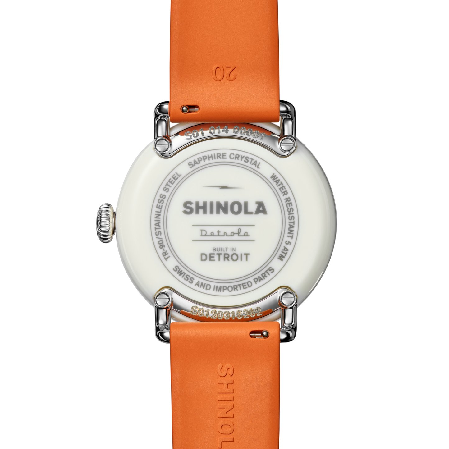 The back of a Shinola Detrola Watch - Aqua Green displays SHINOLA Detroit and Built in Detroit on the stainless steel case, plus water resistance info and serial number.