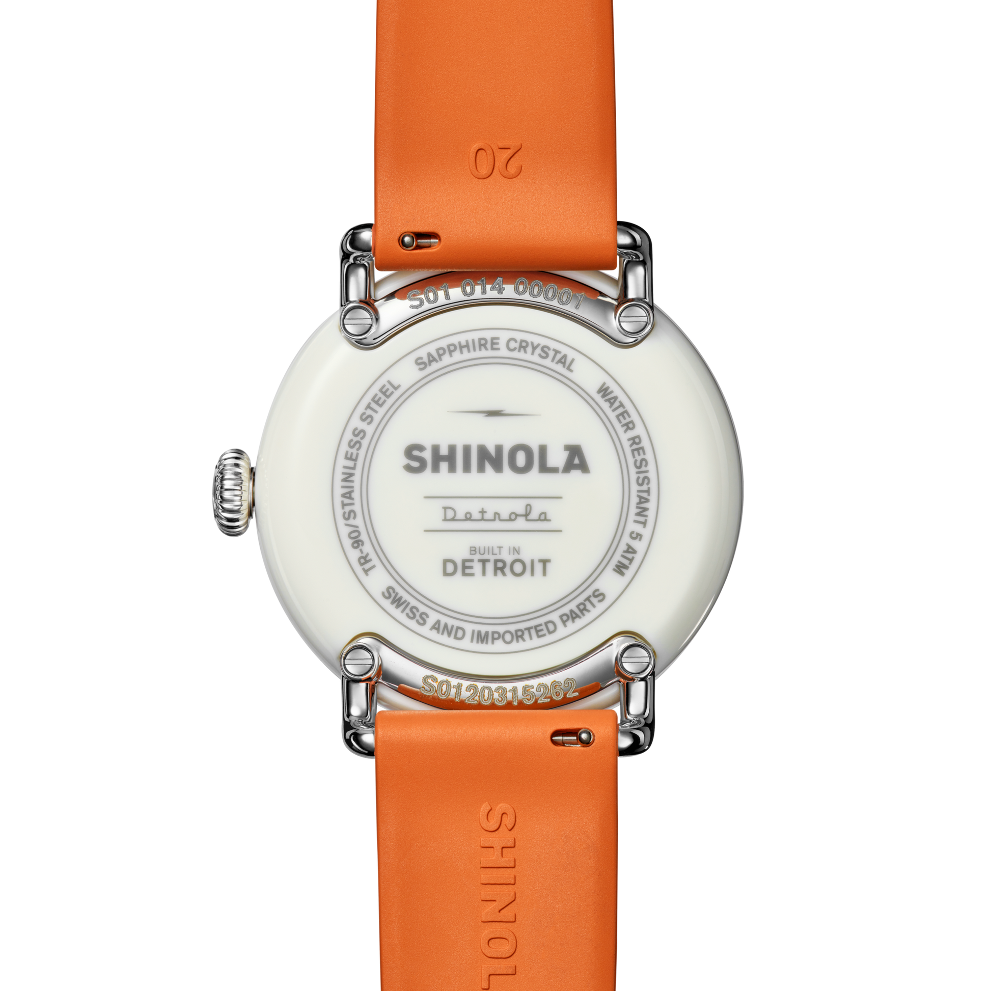 The back of a Shinola Detrola Watch - Aqua Green displays SHINOLA Detroit and Built in Detroit on the stainless steel case, plus water resistance info and serial number.