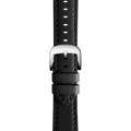 Close-up of the Shinola 18mm Black Leather Strap featuring white stitching and a silver buckle, displayed vertically on a plain white background.